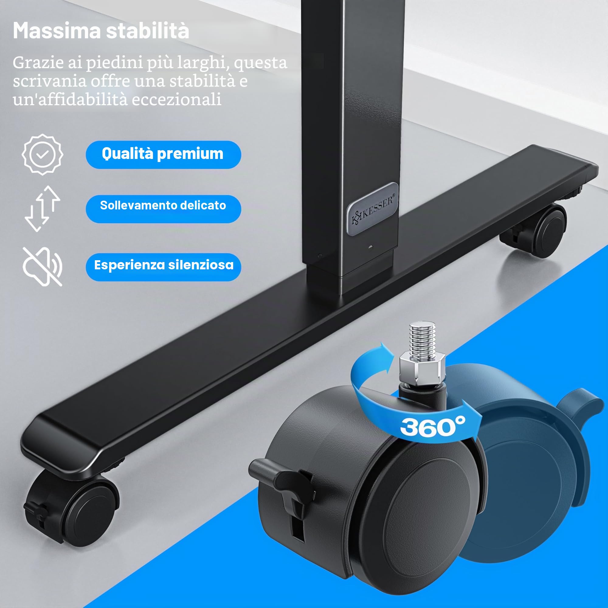 KESSER® Scrivania elettrica regolabile in altezza, Scrivania ergonomica per postura eretta, Controllo di memoria a 3 funzioni, incl. Ruote a 360° e Porta di ricarica USB, 100x60 cm - Nero