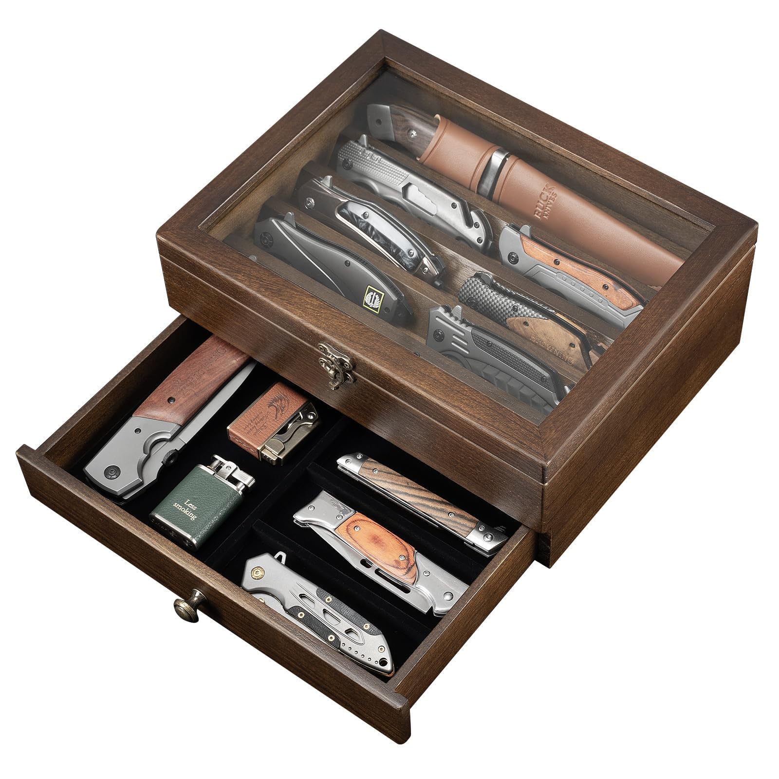Messer-Vitrine, Messersammlungs-Präsentationsständer mit Glasdeckel, 2 Etagen Taschenmesserkoffer aus Holz mit Schubladen, für Aufbewahrung Verschiedene Messer, Heimdekoration (Walnuss)