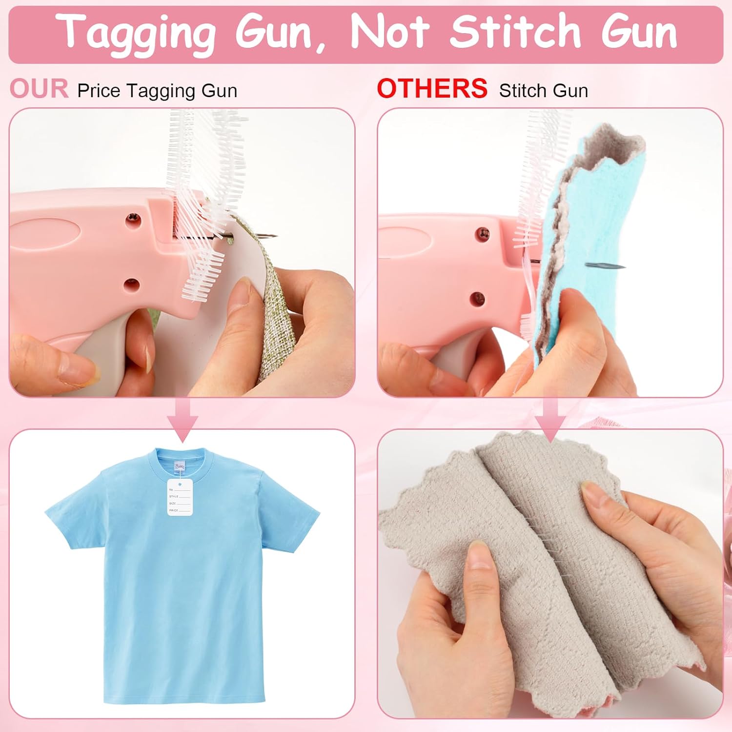 BEVTEE Price Tagging Guns for Clothes (Not Stitch Gun), Retail Price Tag Attacher Guns for Clothing, Includes 5 Needles, 1120 Barbs Fasteners-0.98'' and 1.96'', 50Pcs Price Tags, 1 Hard EVA Bag(Pink) - Image 2