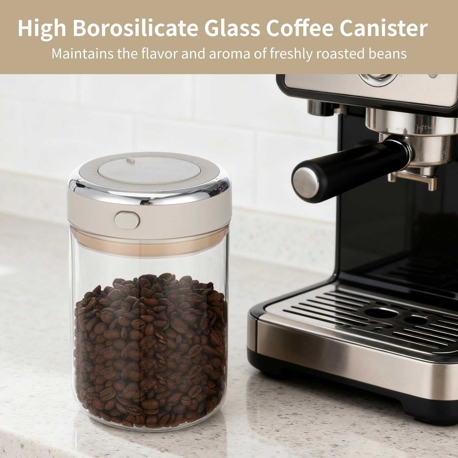 Kaffeedose aus Glas, 1100ml, luftdichter Behälter für Kaffeebohnen mit CO₂-Ventil, Datumswähler & Einpress-Siegel, Glasbehälter für Tee und Zucker