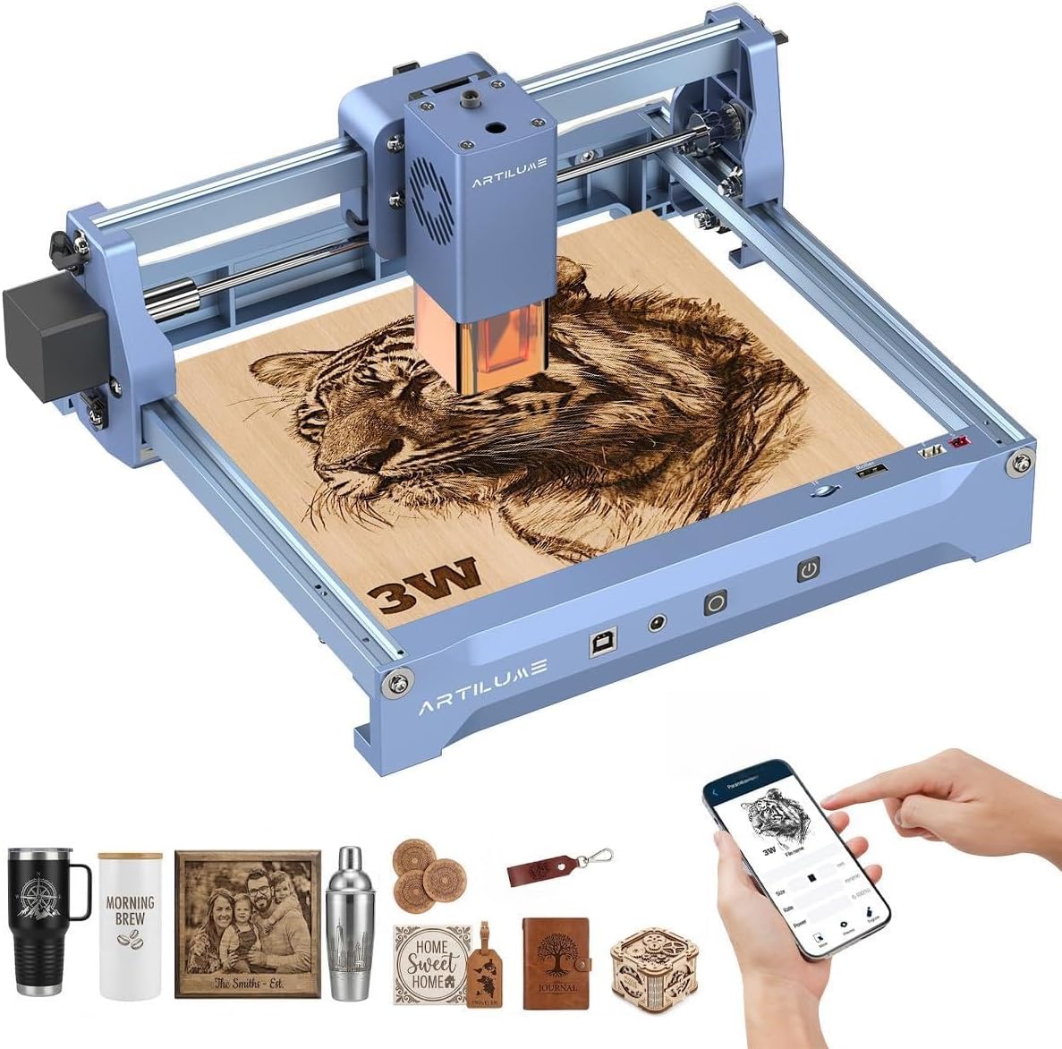 Artilume U1 Laser Engraver 3000mW, Laser Engraving Machine, WiFi, 0.01mm Precision, Large Working Area 150 * 200mm for Wood Leather Acrylic and More, Best for Beginners Small Business