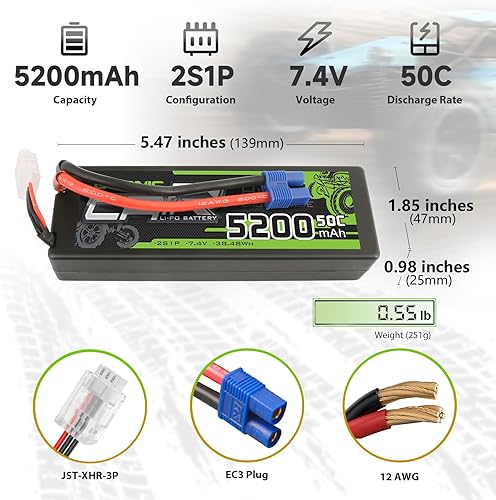 Miniatura 2 de OVONIC Lipo Batería 5200mAh 50C 7.4V 2S RC Batería con conector EC3 para avión RC DJI Quadcopter RC Avión RC Helicóptero RC Coche Camión Barco 2pcs