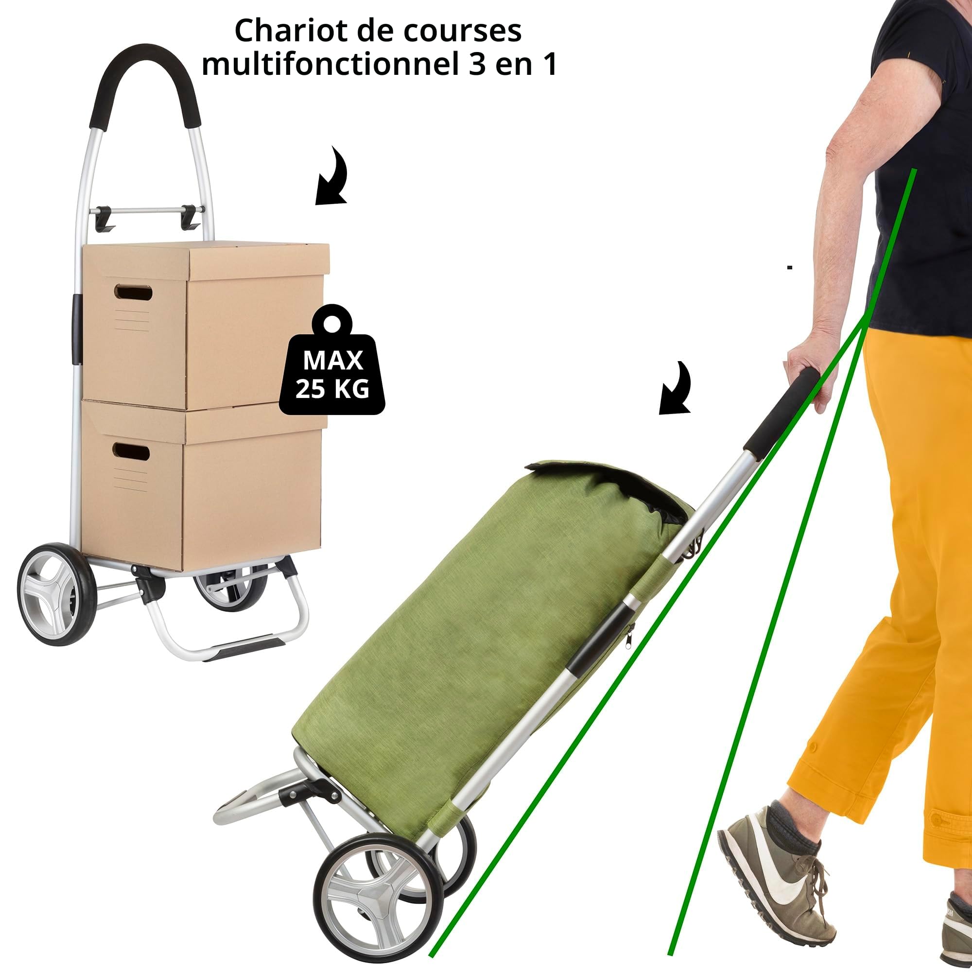 Cruiser Pliable Chariot de Course 45L Caddie à 2 Roues Vert