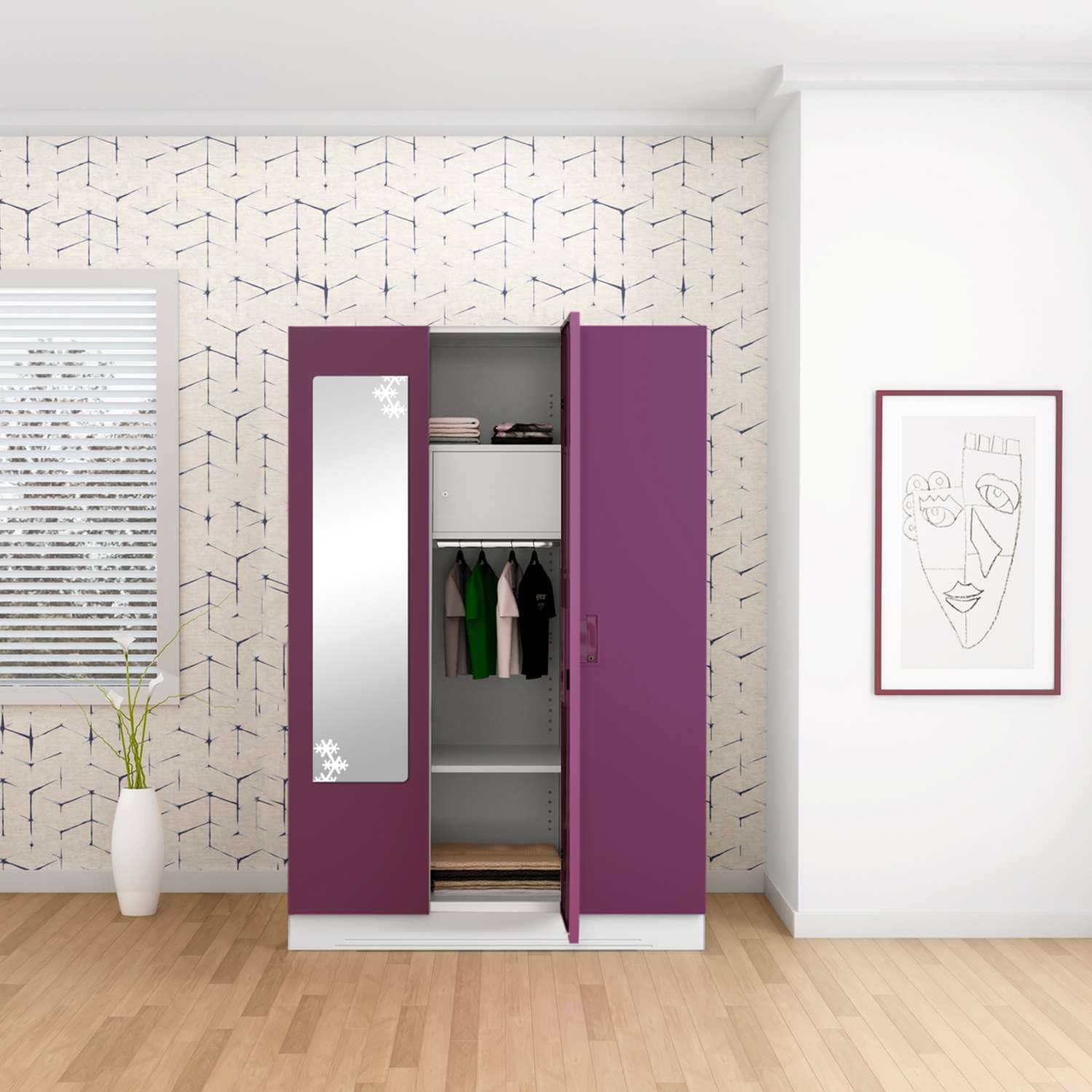GODREJ INTERIO Almirah Slimline 3-Door Steel Almirah, Cupboard for Clothes (Textured Purple), 1-Year Warranty, 6 Shelves, 1 Locker, 2 Drawers, Star Design Mirror-image-15