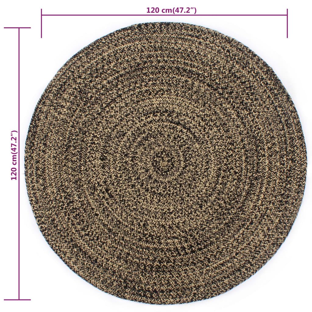 Tapis Fait Main en Jute Noir et Naturel 120 cm pour Salon Chambre Cuisine intérieur décoration Durable et Facile d'entretien