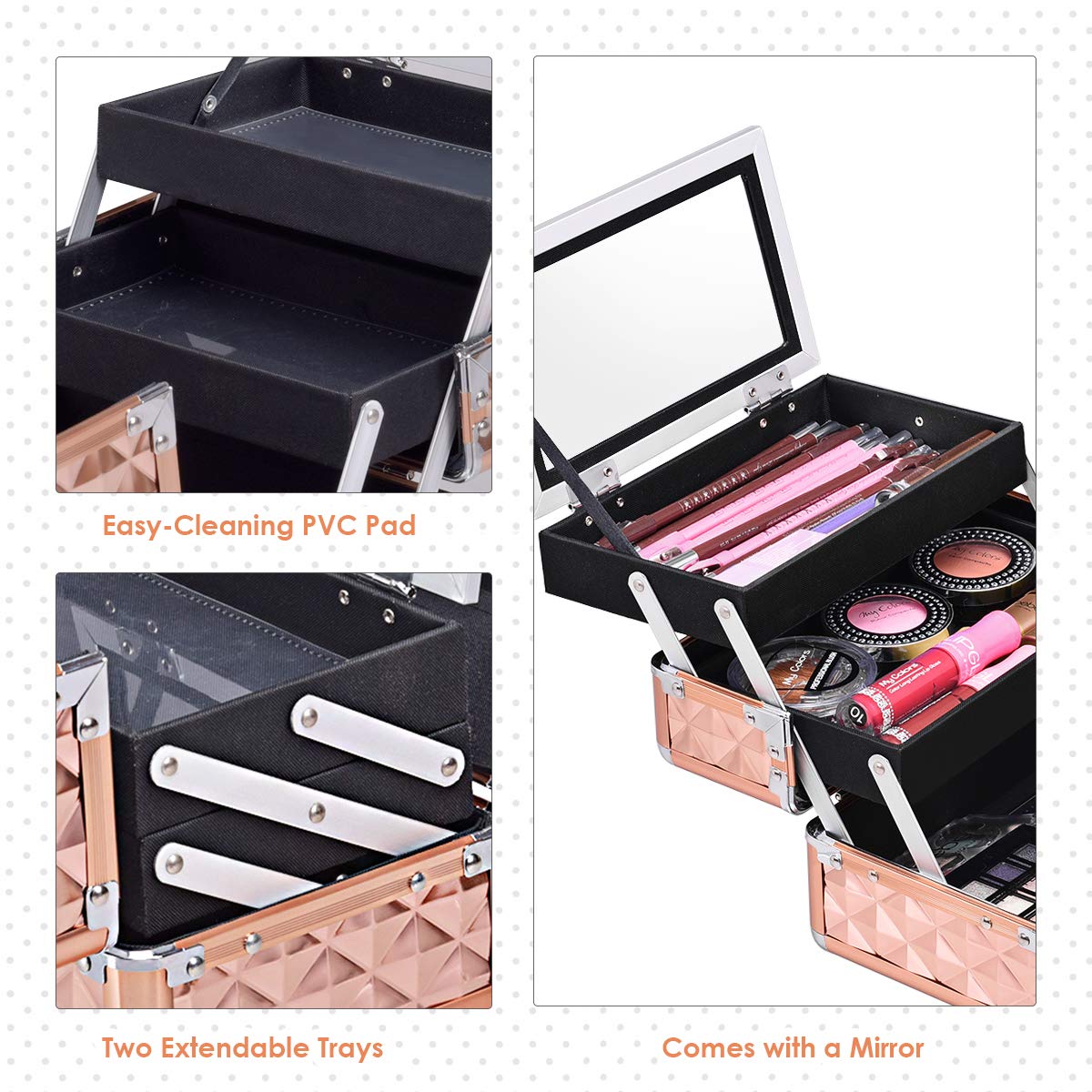 GIANTEX Kosmetikkoffer mit Spiegel, Beauty Make-up Case Schminkkoffer aus ABS und Aluminium, 2 ausziehbare Ablagen, ausklappbarer & tragbarer Etagenkoffer Friseurkoffer Multikoffer (Rosegold)