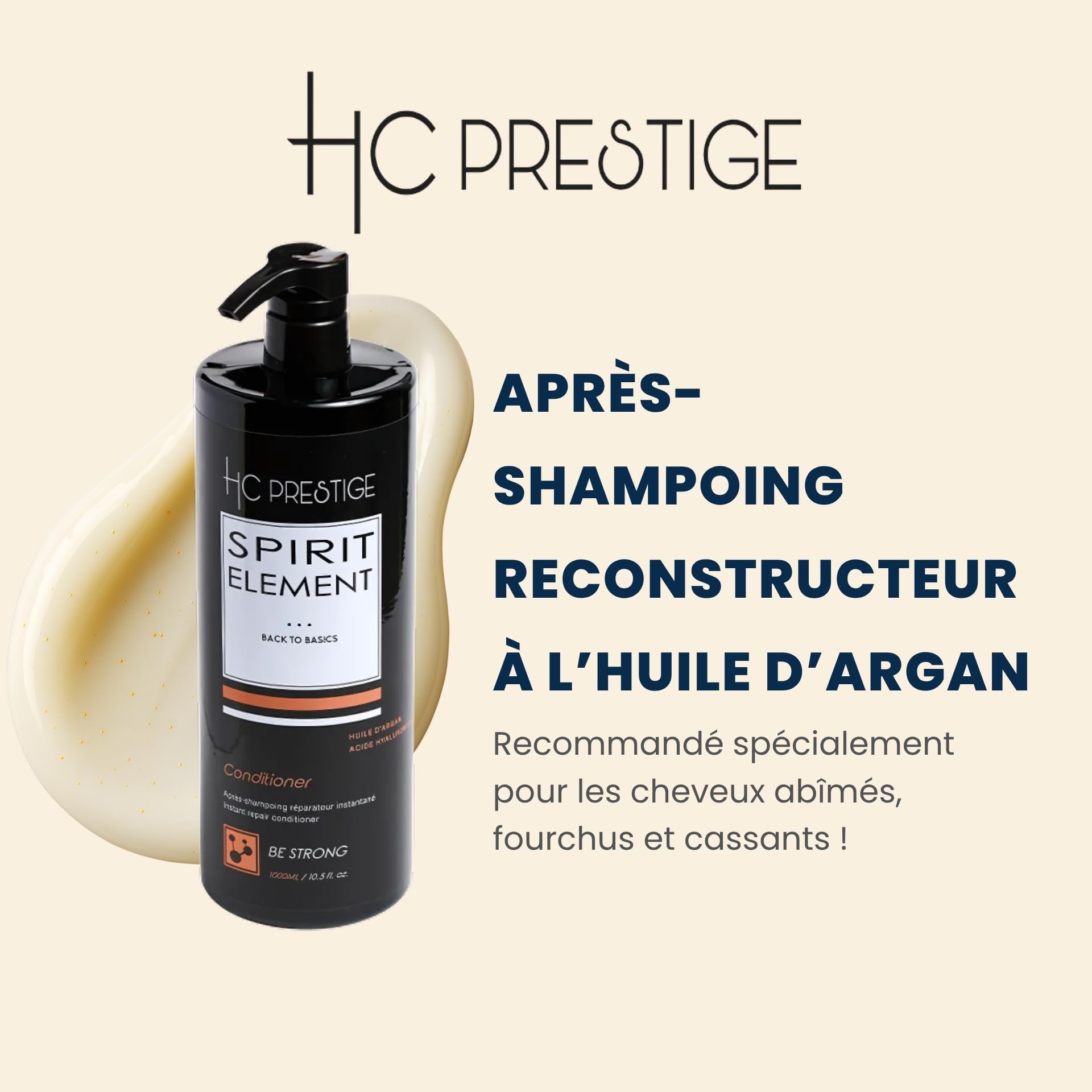 HC Prestige Be Strong – Après-Shampoing Reconstructeur Pro 1L – Argan, Figue de Barbarie & Raisin – 96% Naturel – Sans Sulfate ni Silicone – Cheveux Secs, Abîmés ou Lissés – Made in France