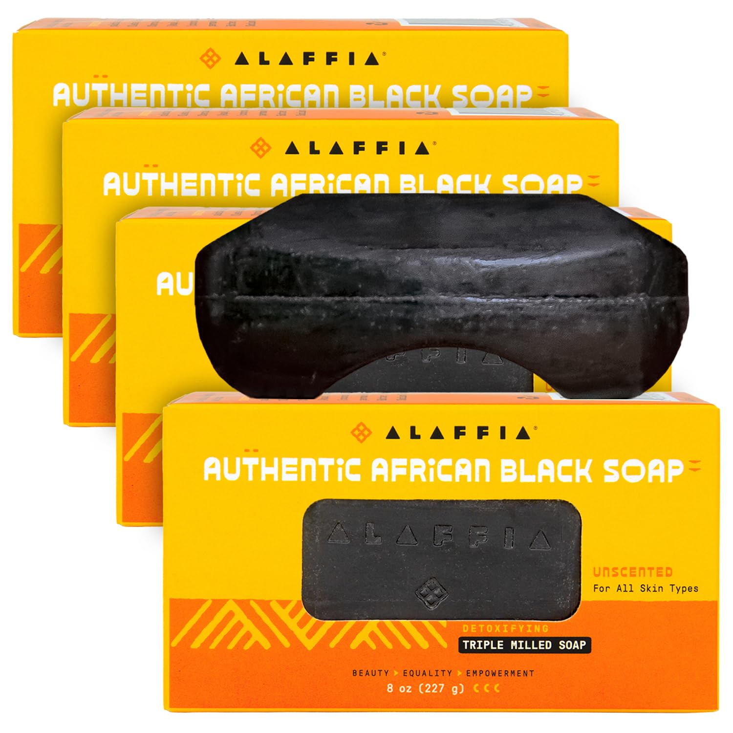 Alaffia Authentic African Black Soap, Unscented, 4-Pack – Detoxifying, Multi-Purpose Triple-Milled Body Soap with Shea Butter for Soft, Hydrated Skin, 8 Oz Ea