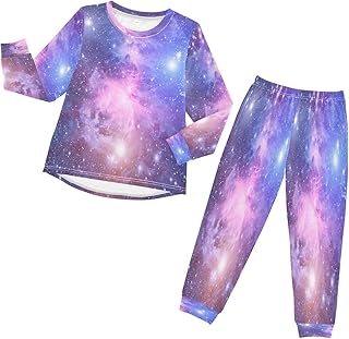 Conjunto de pijama para niños, diseño de galaxia, aviones, estrellas, manga larga, pantalones de encaje, ropa de dormir, ropa de dormir, color morado, niebla para niños y niñas