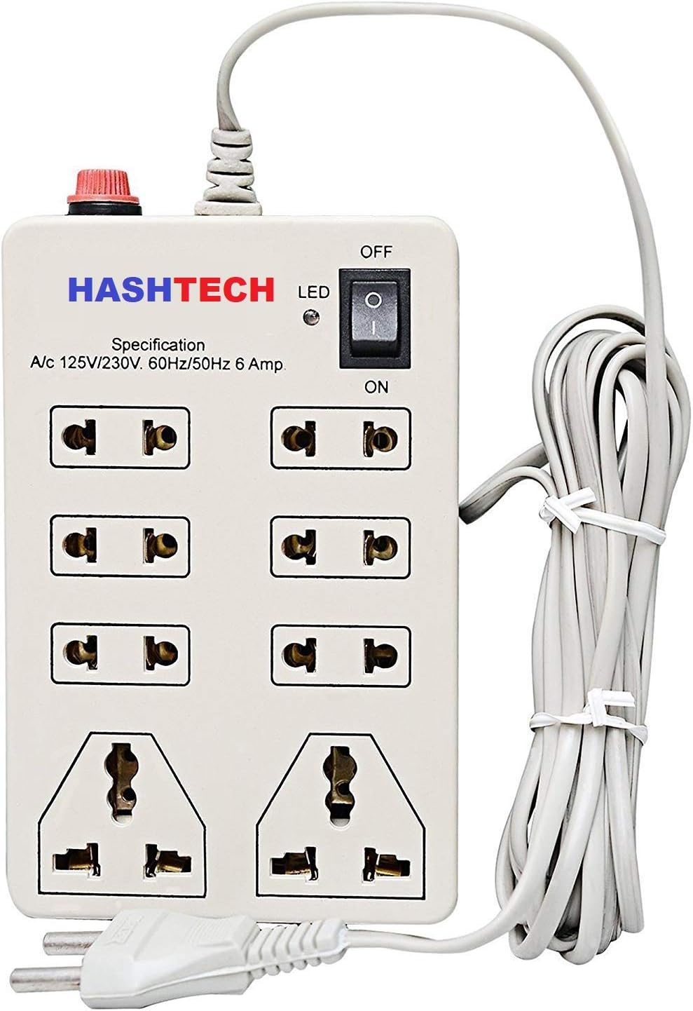 Hashtech Extension Board;6 Amp 8 Universal Multi Plug Point Extension Cord with Led Indicator and On/Off Switch (2.5 Meter)
