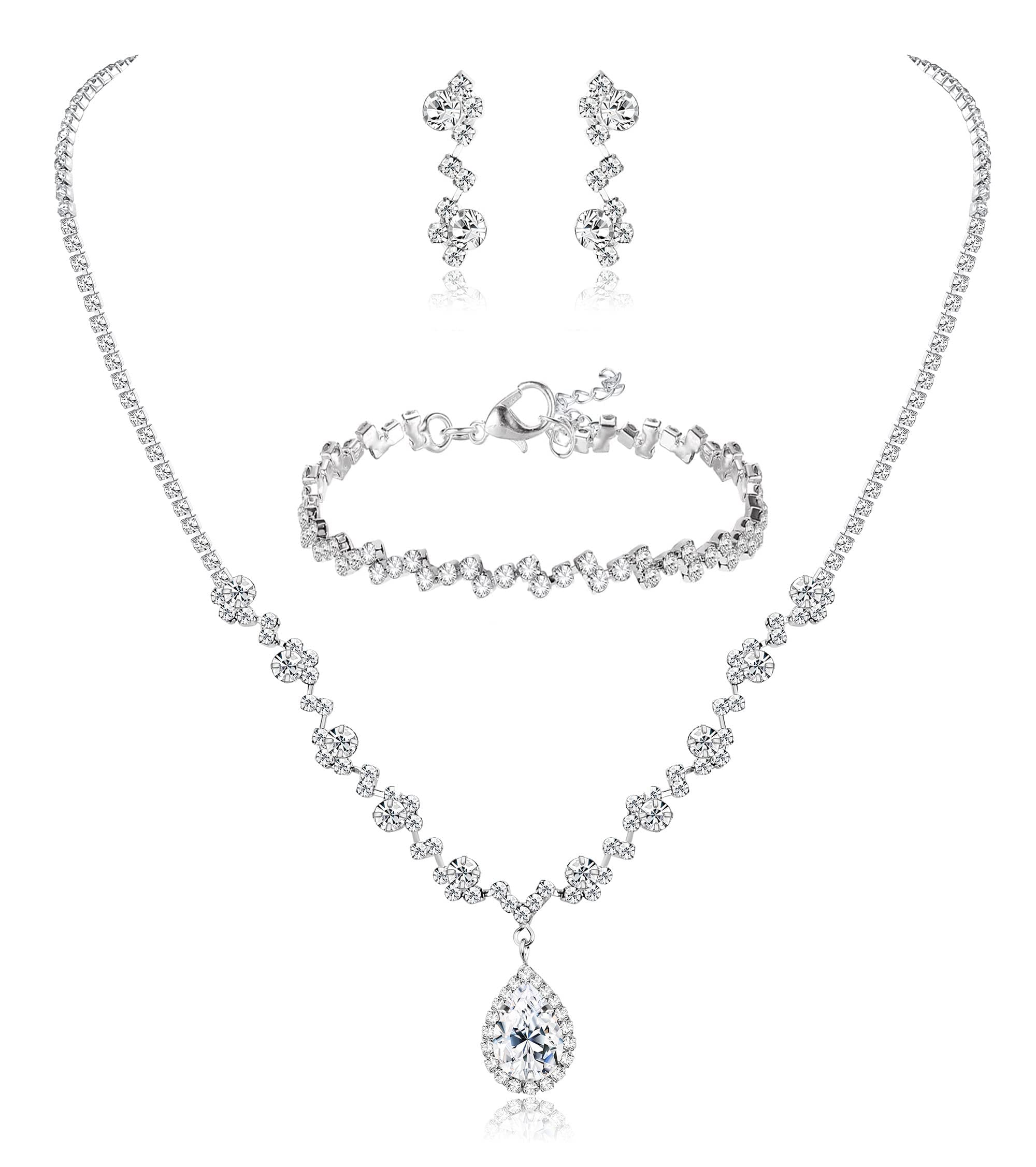 Diamday Juego de Boda Novia Joyas Cristal Collar Colgante Pulsera Pendientes Clip para Boda Novia Dama Prom Joyería Accesorios para Mujeres