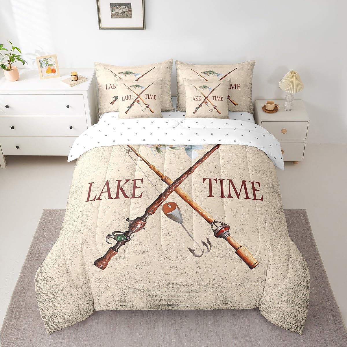 Erosebridal Fishing Rod 7 Piece Comforter Set Full Bed in a Bag,Lodge Cabin Pike Fish Fishhook Bedding Sets Brown Lake House Decor Sheet Set with Comforter