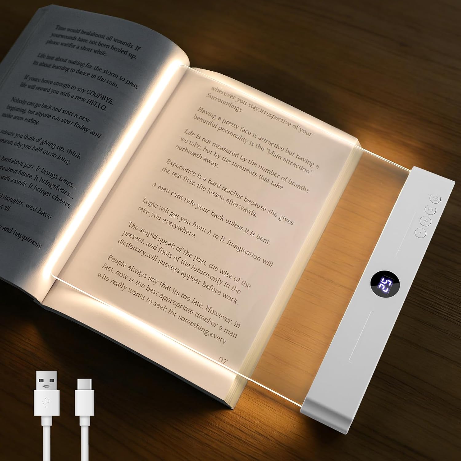 Large Smart Flat Book Light, Rechargeable Clear LED Reading Lamp with 3 Colors & Timer, Dimmable Full Page Panel Plate Lamp, Night Reading Lights for Book in Bed, Gifts for Readers - White