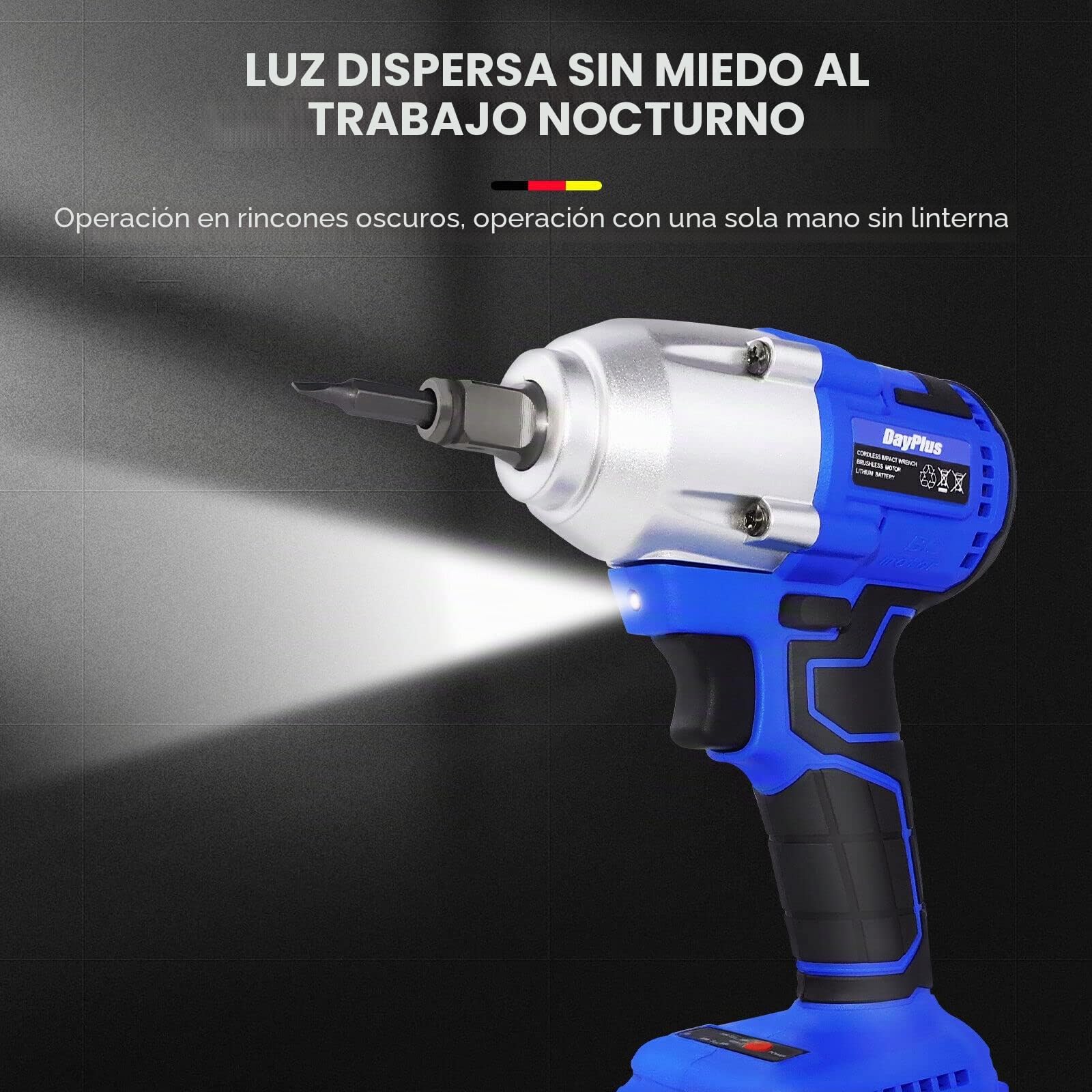 DayPlus Atornillador de impacto con batería de 18 V con 1 batería de 6,0 Ah, 420 Nm, atornillador de impacto giratorio para cambiar neumáticos, 3200 rpm, luz LED, 4 enchufes hembra de 14/17/19/22 mm,