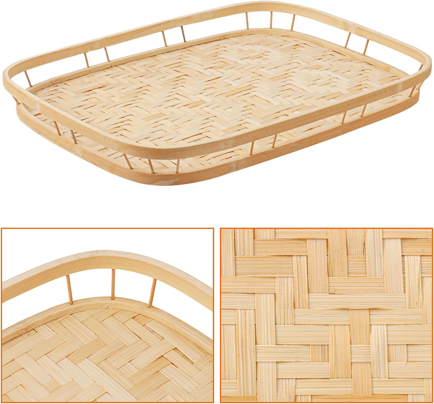 4 Pack Rectangular Bamboo Wicker Woven Tray with Handle, Bamboo Wicker Serving Trays for Eating, Kitchen, Table, Party
