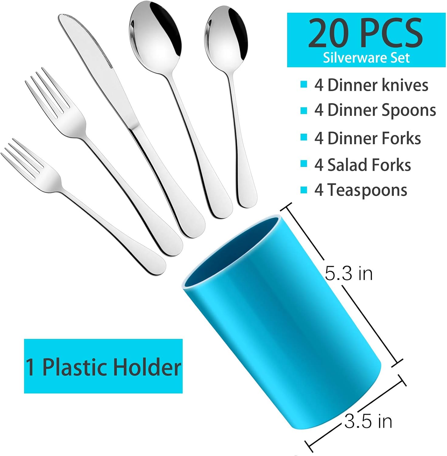 20-Piece Silverware Set with Holder, HaWare Stainless Steel Flatware Service for 4, Modern Tableware Cutlery Set with Utensil Caddy for Home Kitchen Restaurant, Mirror Polished, Dishwasher Safe