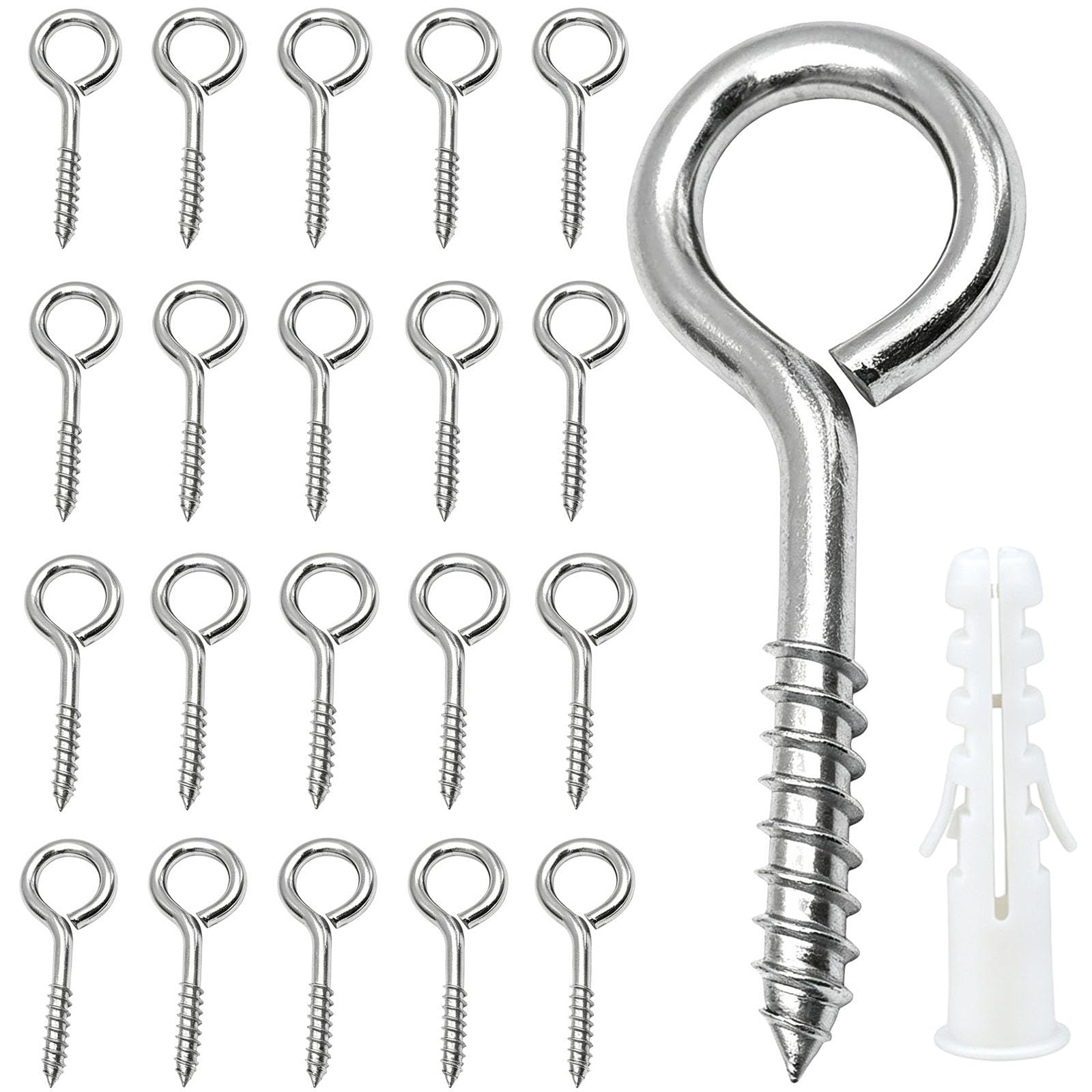 Metal Screw in Hooks Screw Vine Eyes, 20PCS M4×50 Stainless Steel Heavy Duty Eyelet Eye Bolts Kit, Self Ring Tapping Sheep Circle Round Eye Nails for DIY Cork Crafts Hanging Wooden Frames Screws Hook