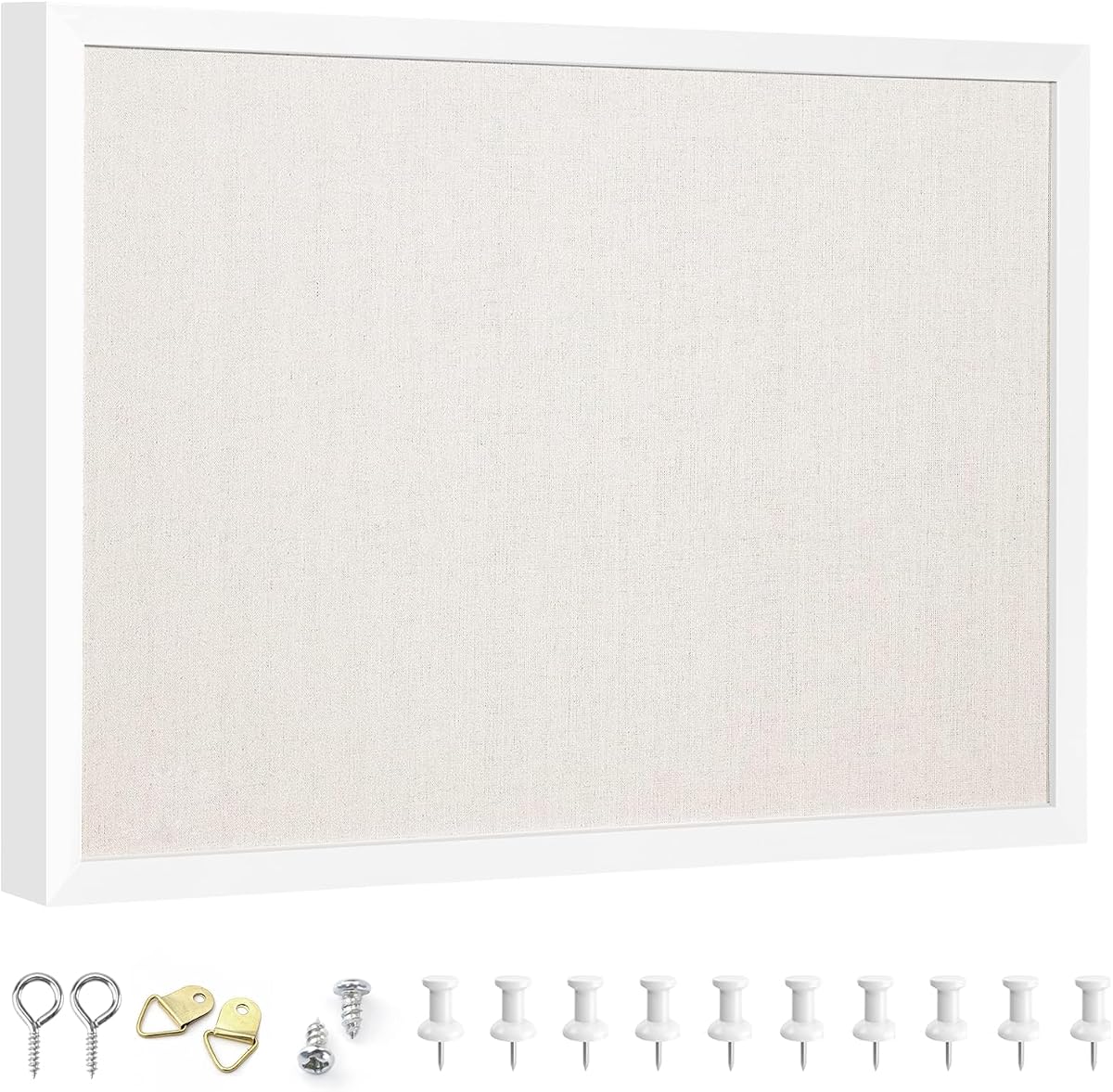 OWLKELA Linen Cork Bulletin Board, 13.3"x17.7" | White Wood Frame, with 10 Pushpins, Ideal for School, Home & Office