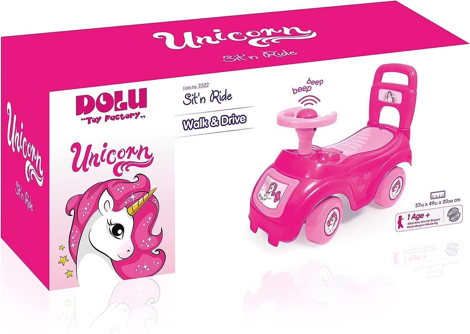 DOLU : Walk & Drive Ride-On - Pink Unicorn - Kids Foot-to-Floor Ride-On Vehicle with Horn, Sound Effects, Toddlers & Children Ages 12mo+