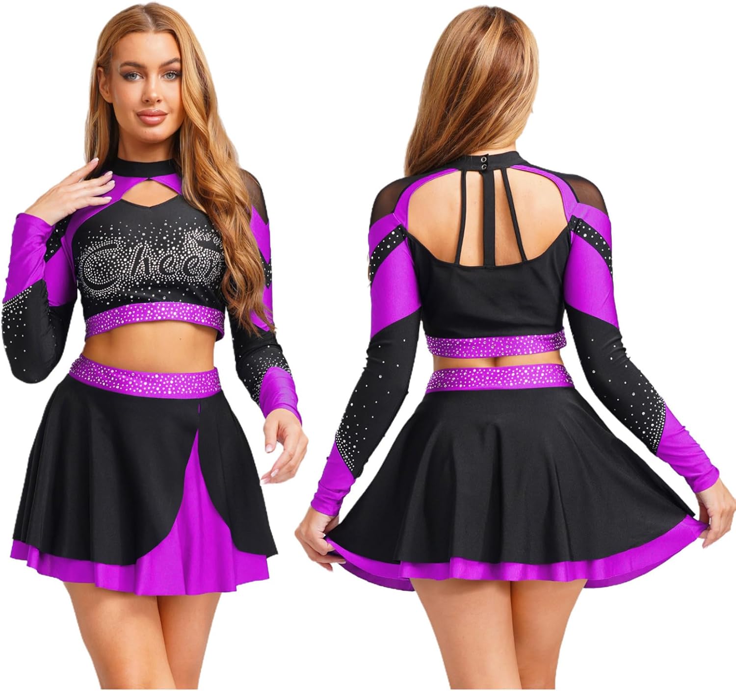Women Metallic Shiny Color Block Cheerleading Uniform Hollow Out Crop Top And Skating Skirt Set Purple Small