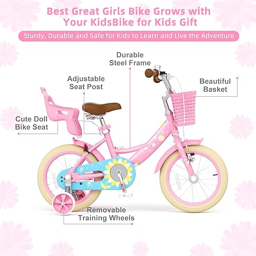 Miniatura 4 de Glaf Bicicleta para niñas de 3-5, 12, 14, 16 pulgadas, con ruedas de entrenamiento y asiento de muñeca de bebé, bicicleta para niños de 2 a 9 años,