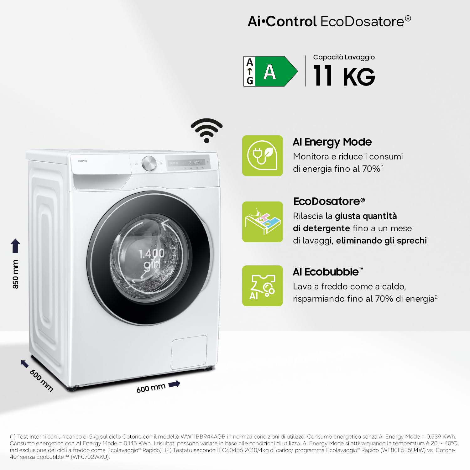 Samsung Lavatrice AI Control WW11DG6B85LH/U3 Libera installazione, 11 Kg, Wifi, Ecodosatore, Super Speed, Vapore, Carica Frontale, 60l x 85h x 60p cm