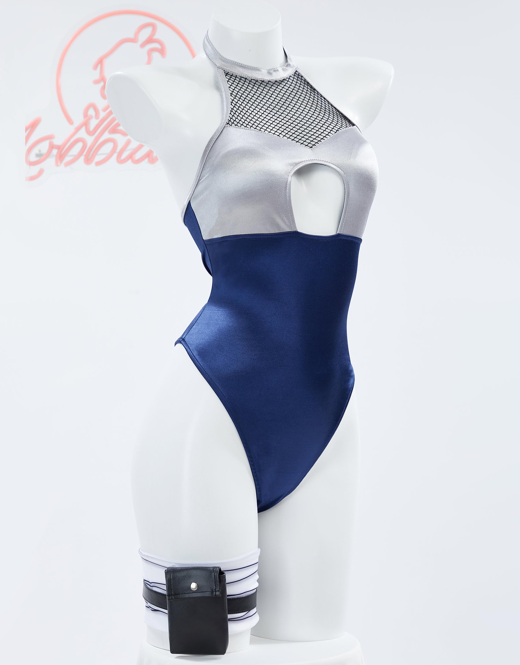 Mobbunny Ninja Cosplay Costume Cutout Bodysuit and Skirt with Sleeves and Waist Rope Halloween Costume: Small Dark Blue