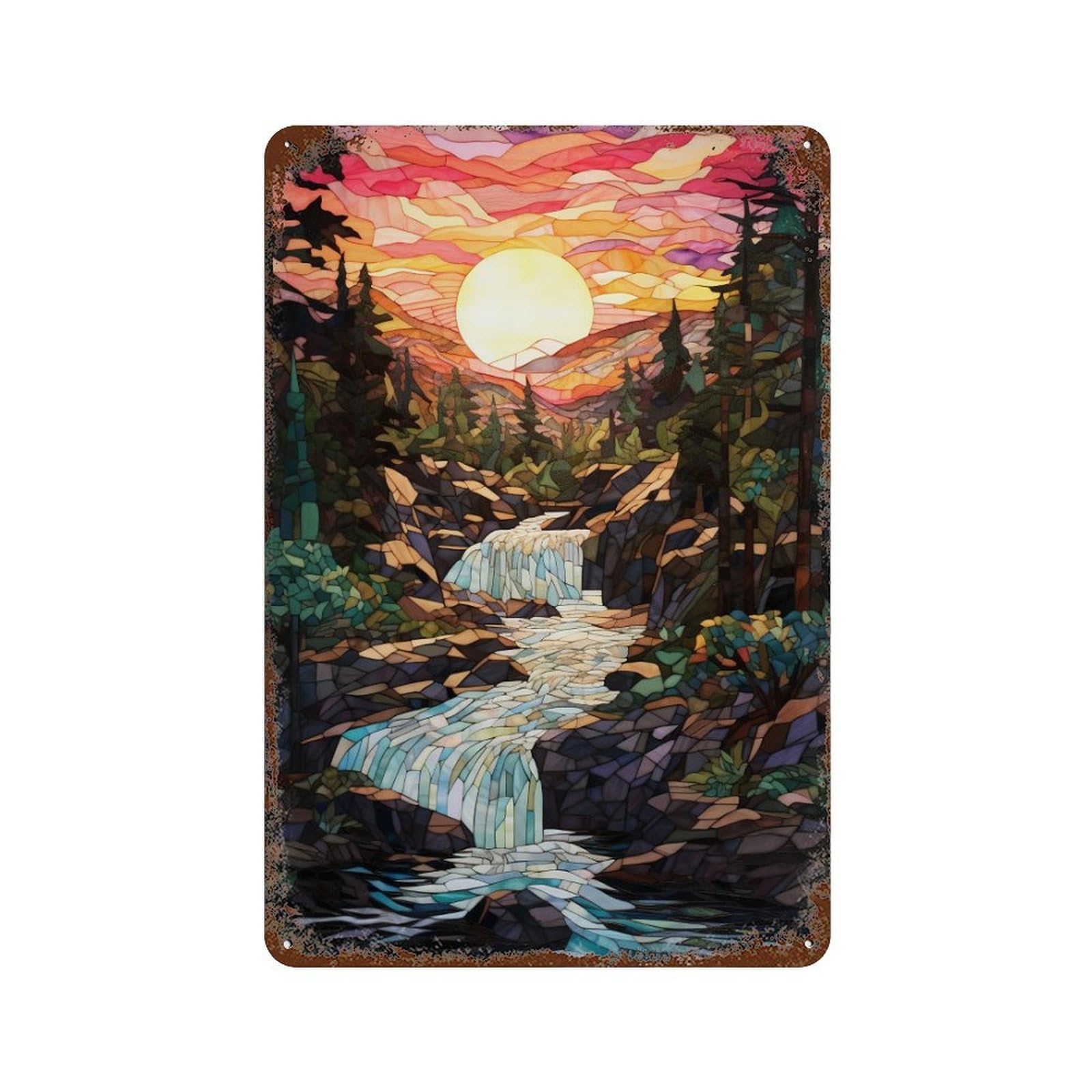 Stained Glass Waterfall Sunset Aged Metal Wall Plaque 11.8"x7.9", Classic Wall Plaque for Garage, Pub Or Kitchen