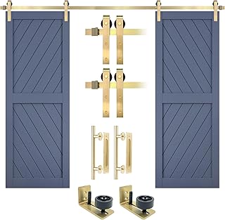 Rio Salto Light Gold Barn Door Hardware Kit Adjustable Length Sliding Hardware Modern Barn Interior Brushed Brass Hardware - 13ft - Hardware ONLY (Hardware Kit Plus, 13ft - Double Door)