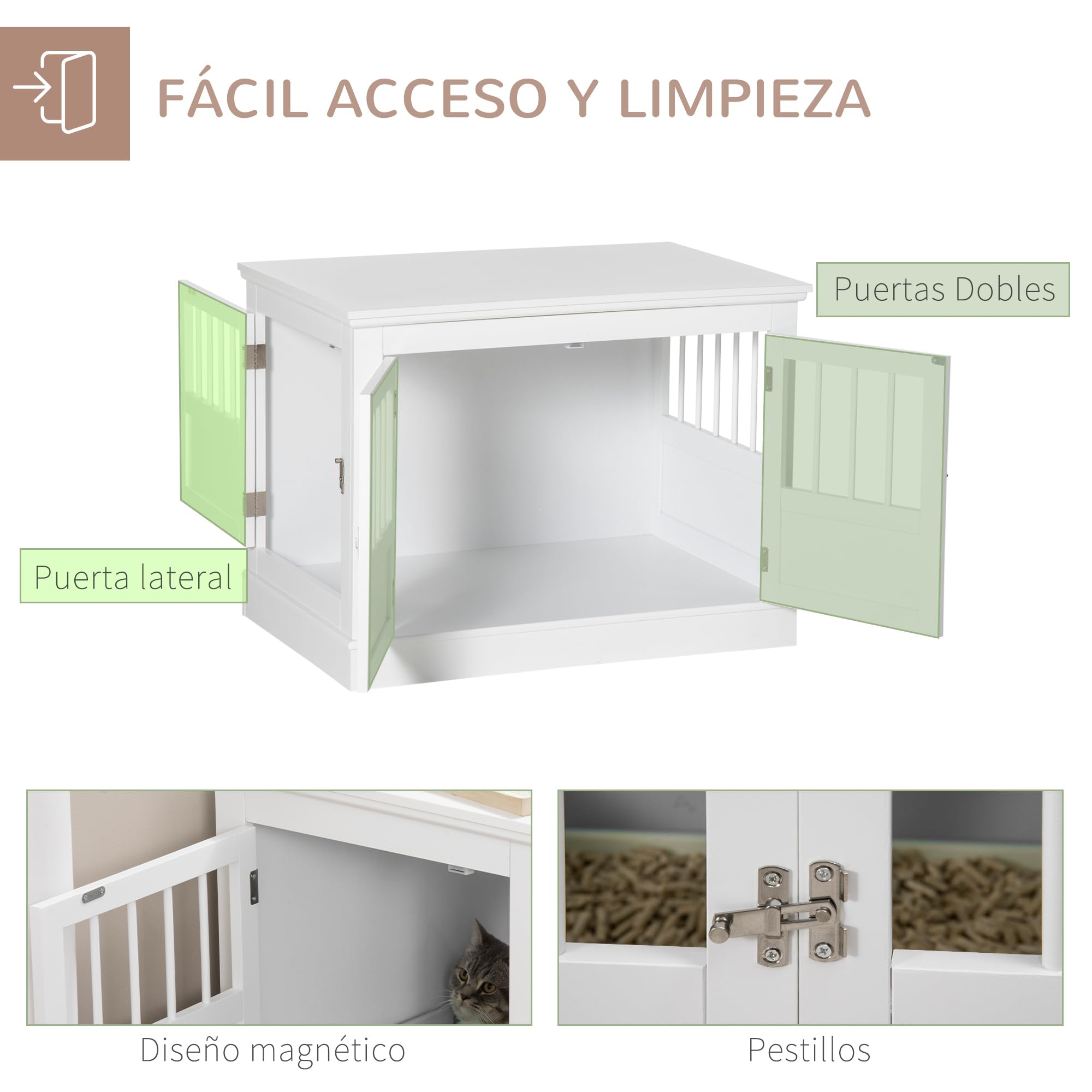 PawHut Jaula para Perros, Mesa Auxiliar, Casa para Mascotas Moderna con 3 Puertas Francés con Cierre Magnético, para Perros Pequeños, 78x53x59,3 cm, Blanco
