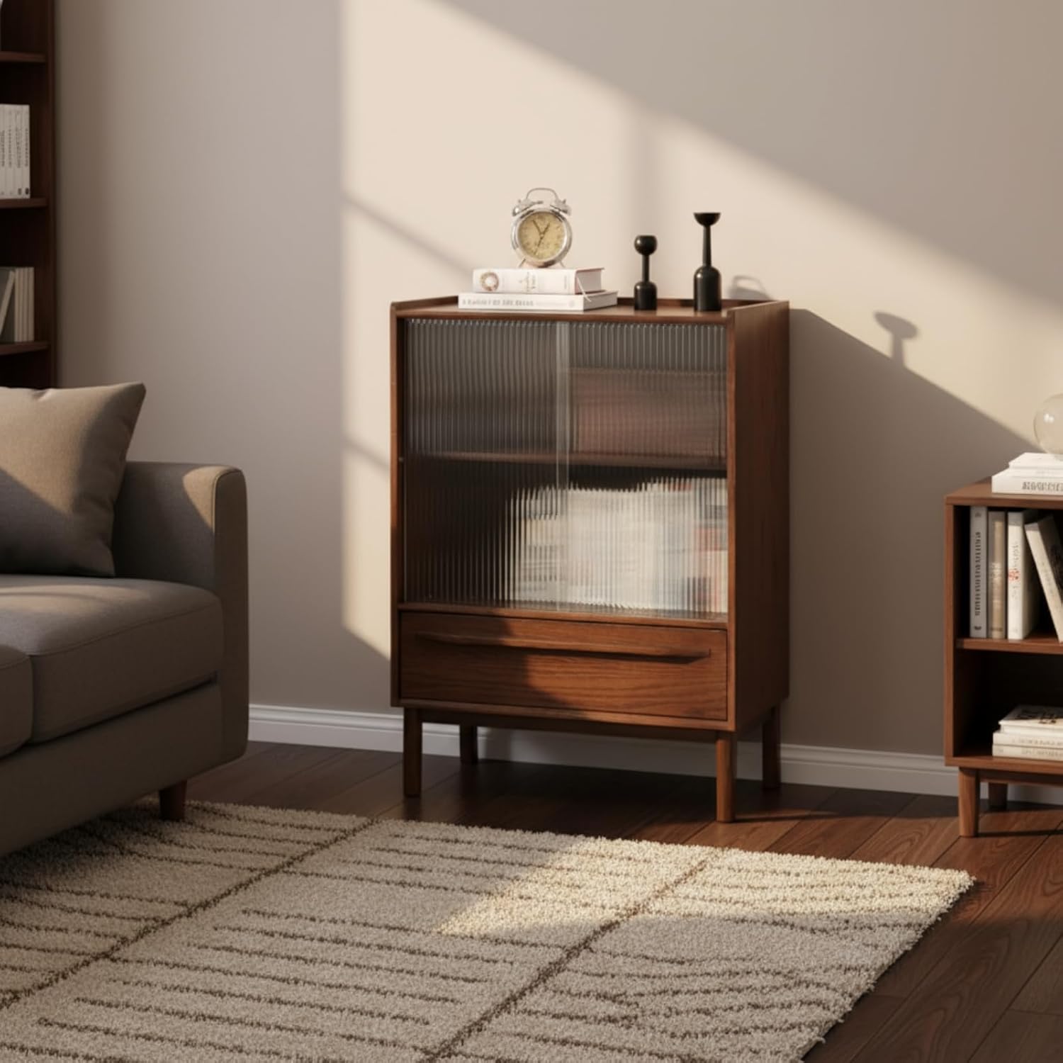 100% Solid Wood Storage Cabinet with Glass Doors and Drawers, Buffet Cabinet with Drawers, Display Sideboard for Living Room, Home Office, Dining Room (Walnut, 25.59" D x 13.78" W x 35.4" H)