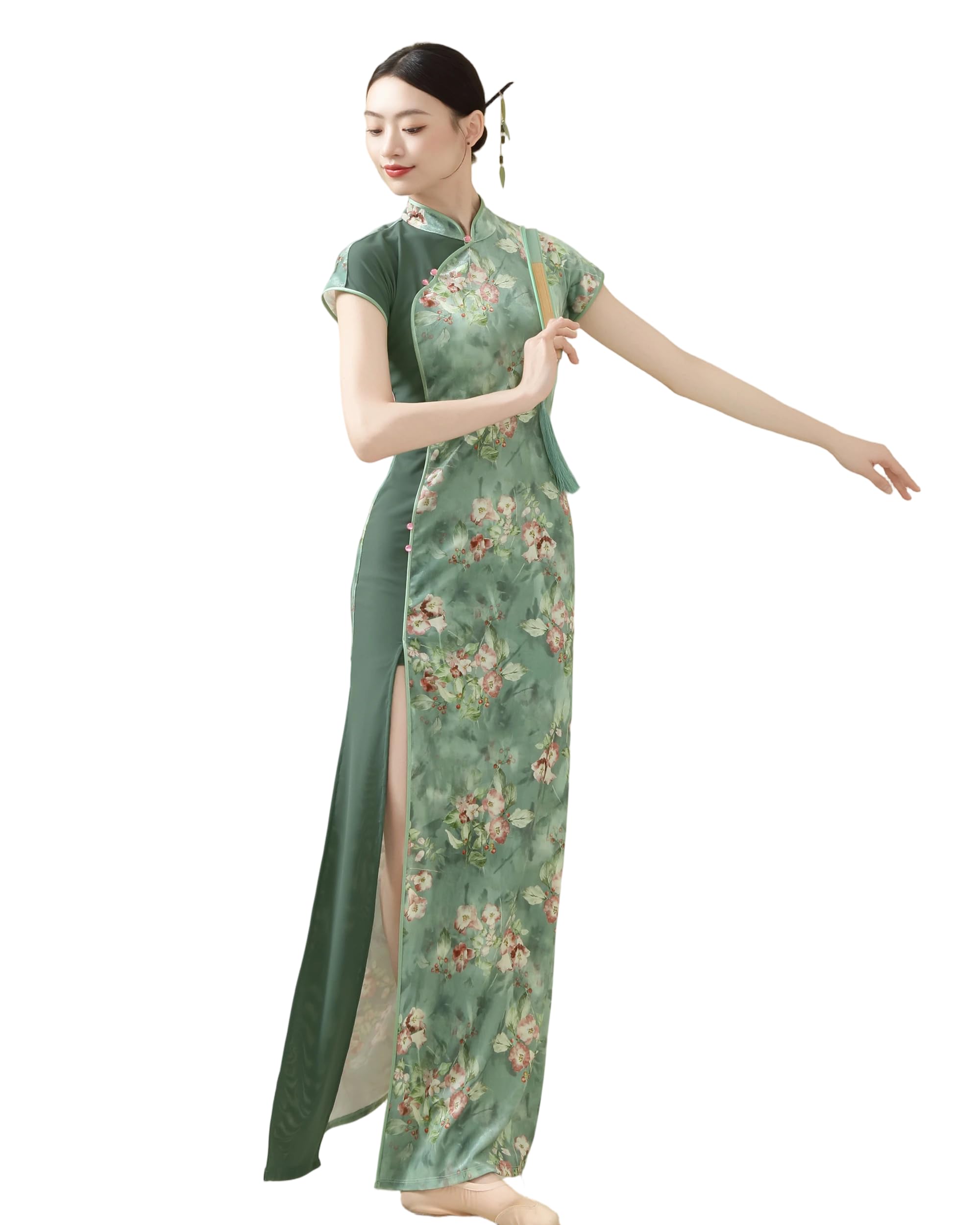 ROYAL SMEELA Robe Cheongsam Longue Femme en Velours,Qipao Chinoise avec Col Mandarin et Manches Courtes