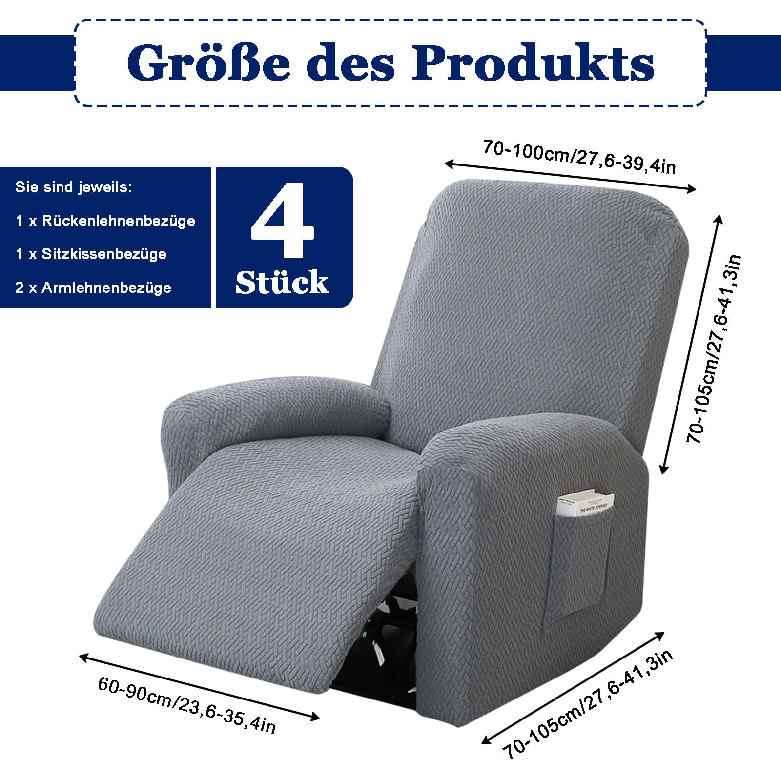 Piashow Stoelbeschermer met armleuningovertrek, 4-delige all-inclusive stoelbeschermer voor relaxstoel, stoelovertrek, overtrek voor bank met zakken (donkergrijs