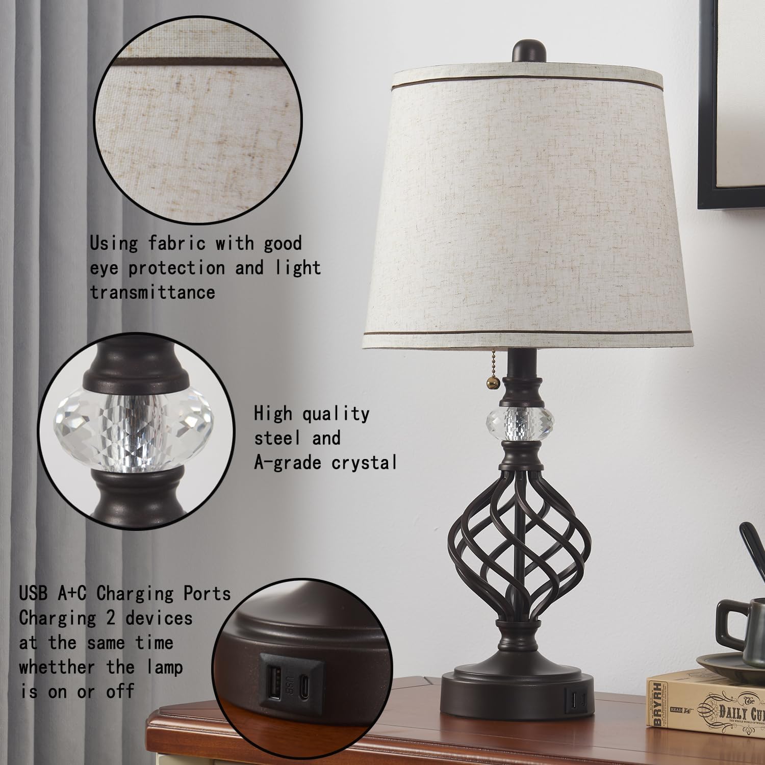 Bedside Lamps Set of 2 Coffee Gold Traditional Rustic Farmhouse 22.5" high Iron Scroll Tapered and Crystal Lamp Body with A+C USB Charging Ports for Living Room Bedroom Bedside Nightstand
