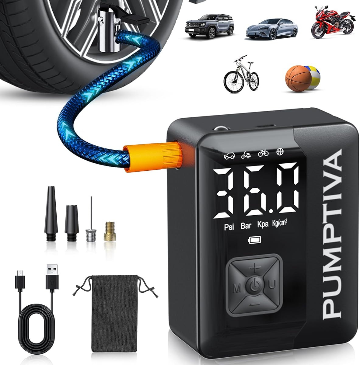 Pumptiva Tire Inflator Portable Air Compressor, 3X Faster Portable Tire Inflator for Car 150PSI Air Pump for Car Tires with LED Light, Auto Shut-Off for Motorcycle, Bicycle, Bike, Ball