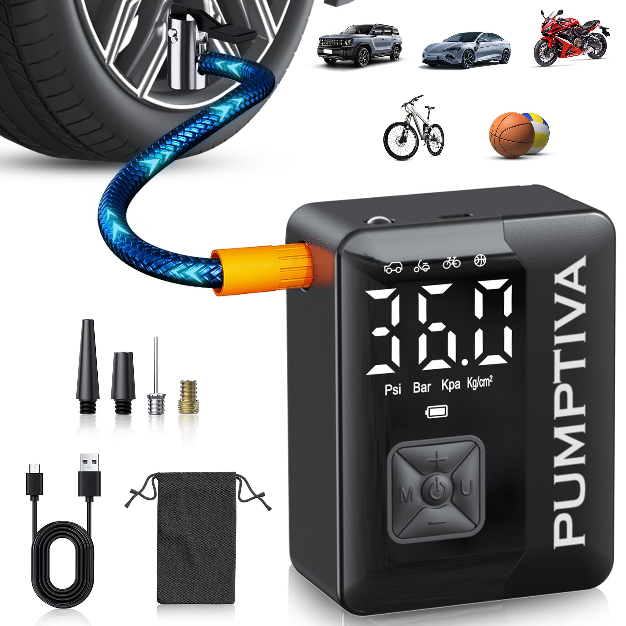 Pumptiva Tire Inflator Portable Air Compressor, 3X Faster Portable Tire Inflator for Car 150PSI Air Pump for Car Tires with LED Light, Auto Shut-Off for Motorcycle, Bicycle, Bike, Ball (Black)