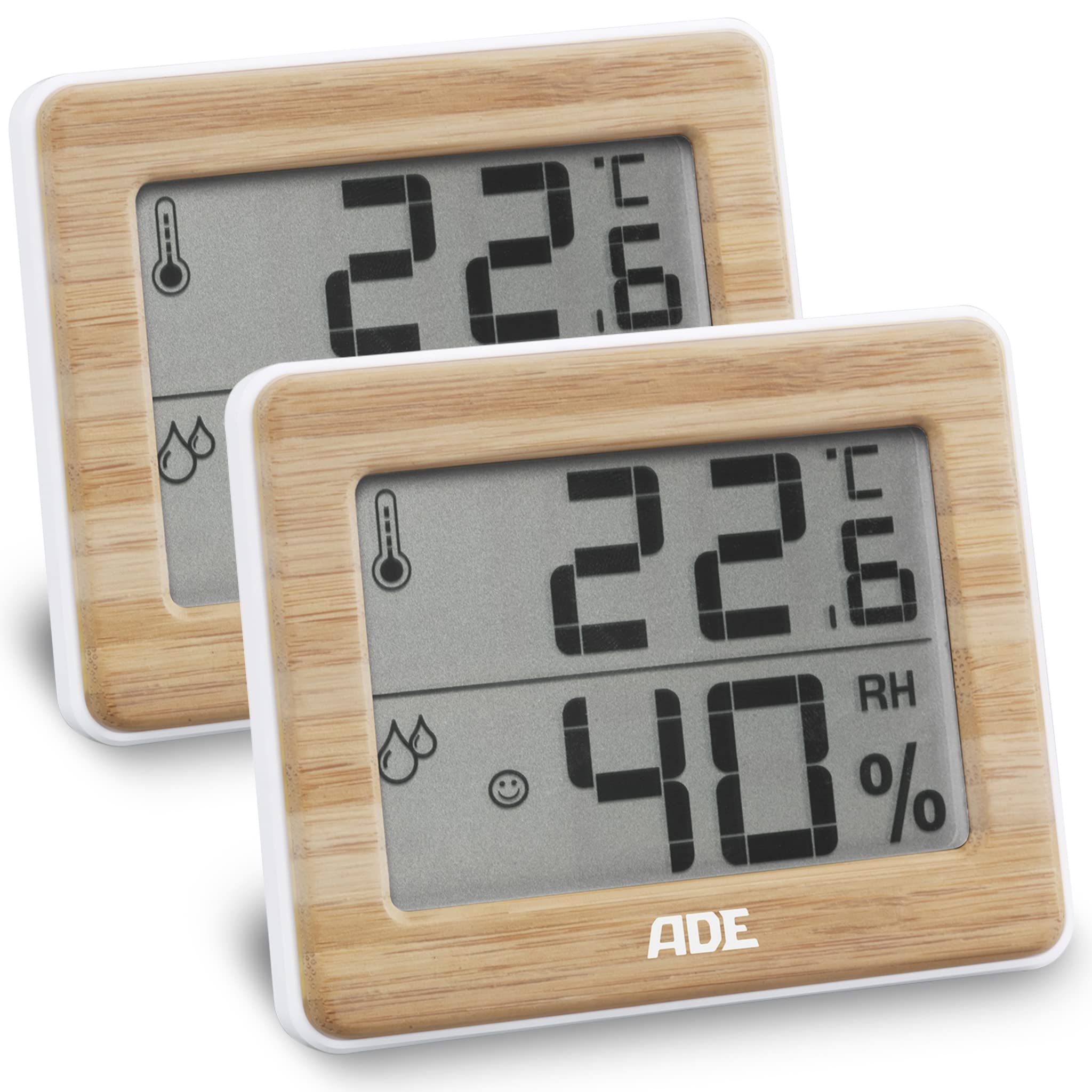 ADE Higrómetro digital para indicar la humedad y la zona de confort | termómetro con indicación precisa de la temperatura | pantalla LCD | bambú | 2 piezas