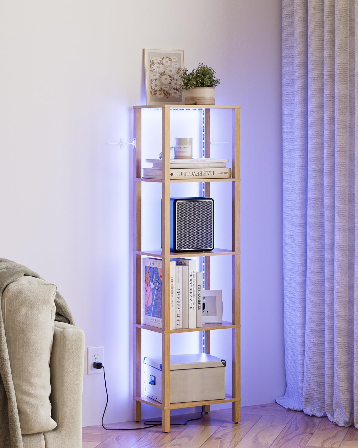 Open Book Shelf with LED Lights, 5 Tier Tall Bookshelf, Freestanding Shelf Narrow Bookcase with Open Shelves, 14.96" x 10.63" x 53.54", Book Shelves for Living Room, Office, Study, Oak