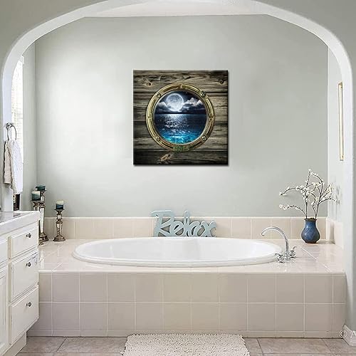 Miniatura 5 de Biuteawal - Marco de ventana estilo hermosas vistas del paisaje marino, arte de pared de luna, mar, océano, paisaje, pinturas en lienzo para sala de