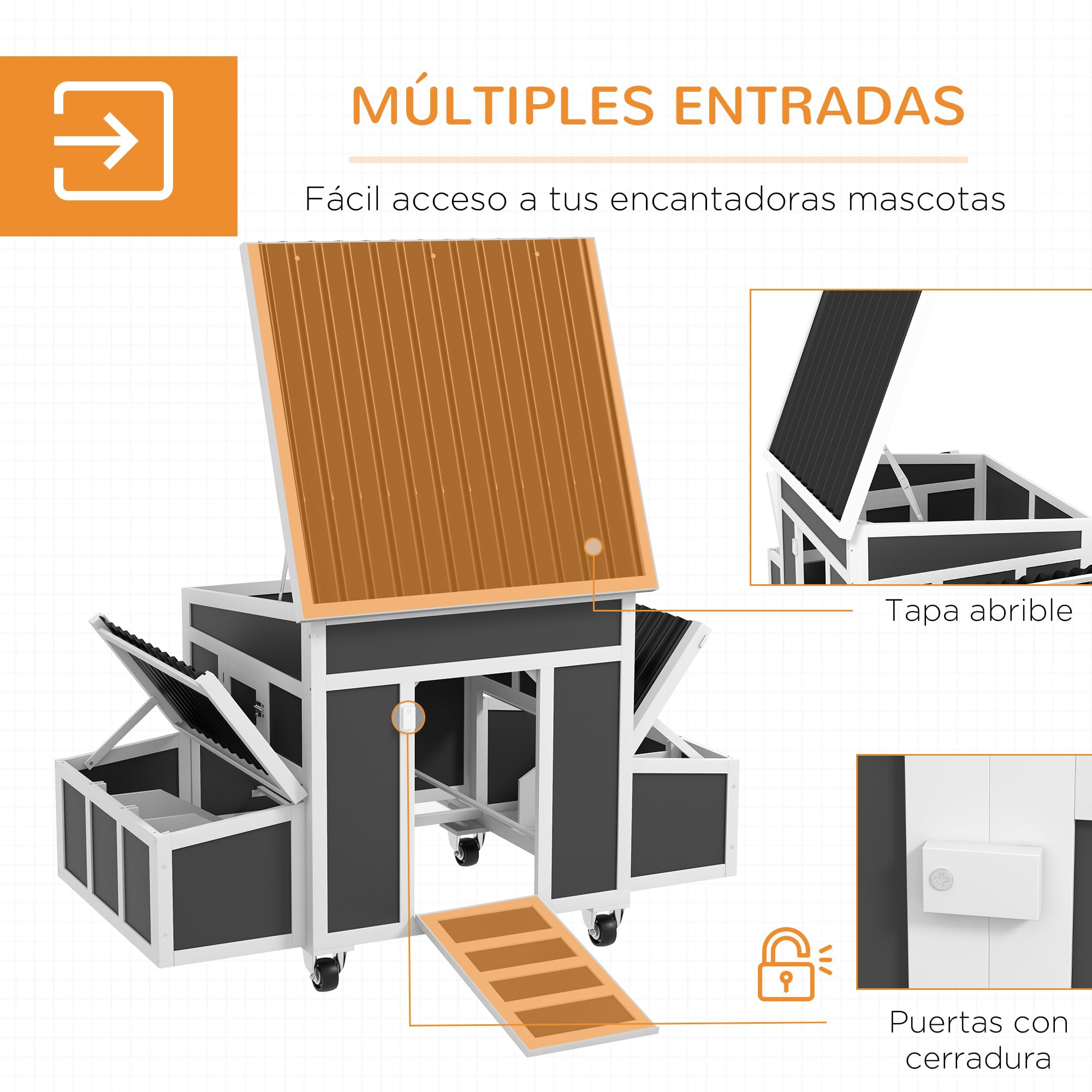 PawHut Gallinero de Madera 147x93,5x89,5 cm para 2-4 Gallinas Gris Oscuro | Gallinero para Exterior, con Puerta, Ventana, Nido, Bandeja Desmontable y Perchas