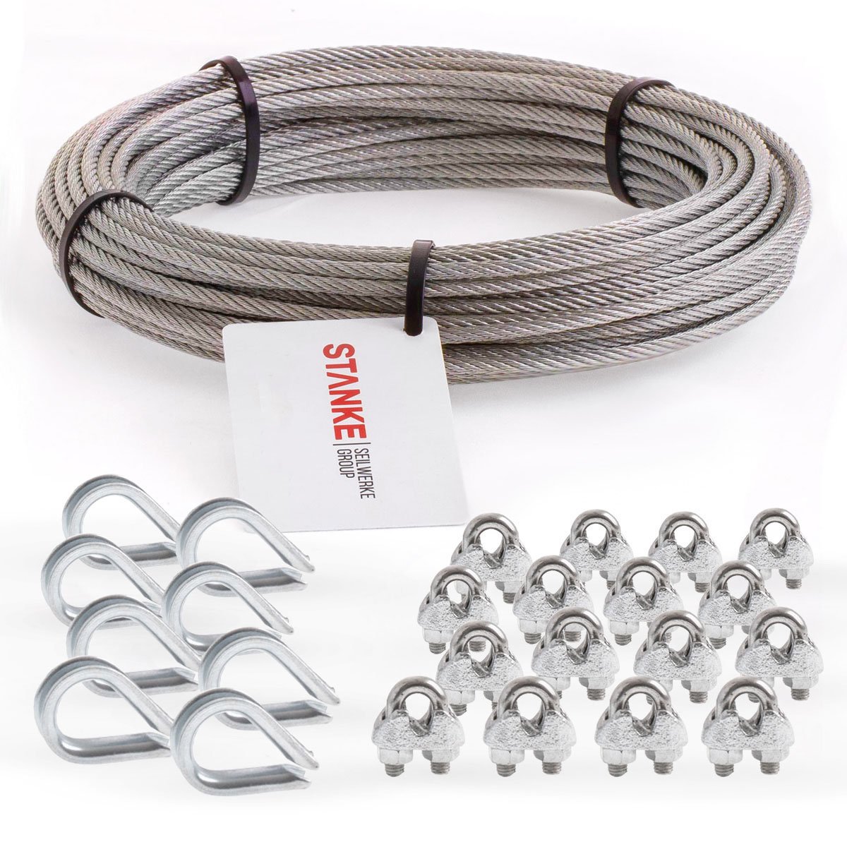Seilwerk STANKE cuerda de acero inoxidable V4A, 20m cuerda de acero inox 4mm 7x7, 8x gaurdacabo de acero V4A, 16x abrazadera de acero V4A - SET 3