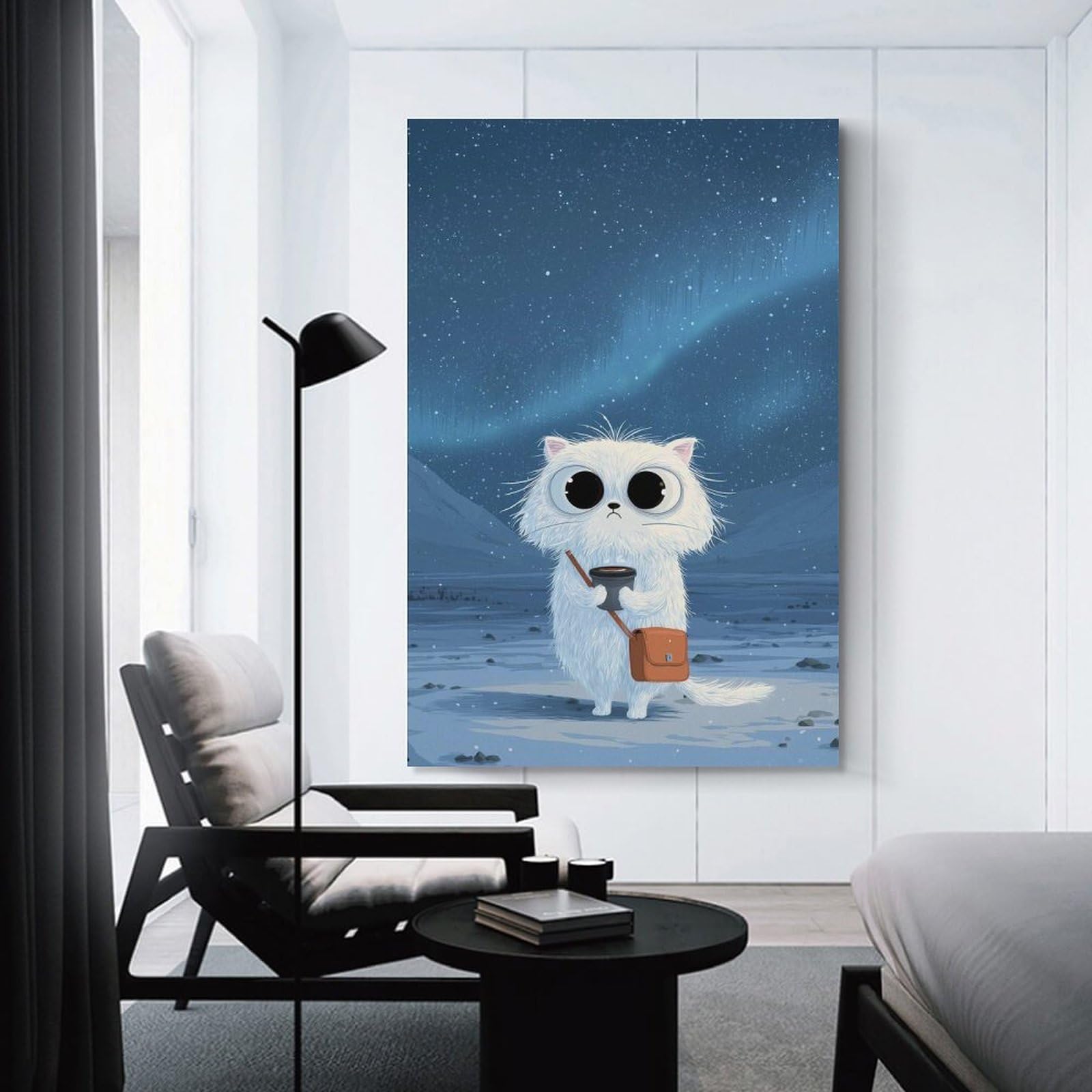 Junmoney Cartoon Cat with Coffee in Aurora Canvas Wall Decor 16x24inch(40x60cm), for Lounge, Study, Hallway Or Flat Walls, Canvas Wall Art That Fits Changing Layouts
