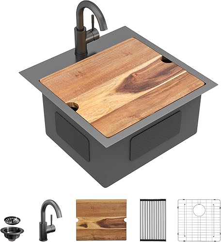 Vista 32 de Fregadero de estación de trabajo para exteriores de 21 x 20 pulgadas, fregadero de preparación de barra de acero inoxidable 304 calibre 16 con tapa