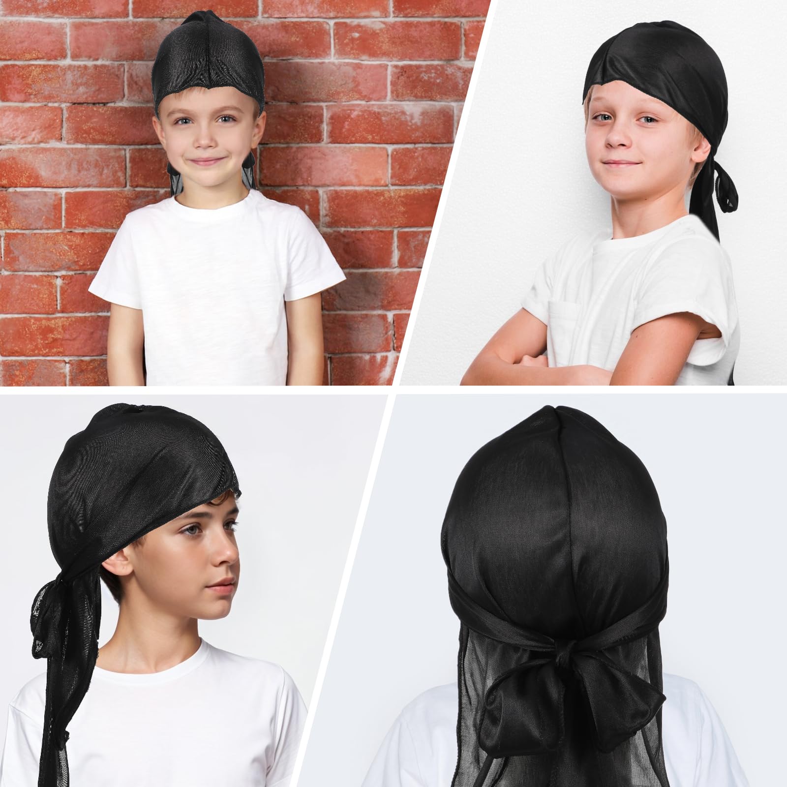 Wanmu 4Pcs Kids Silky Durag with Wave Caps Set, Silky Satin Durag Extra Long Tails, Long Tail and Wide Strap Headwraps - Image 4