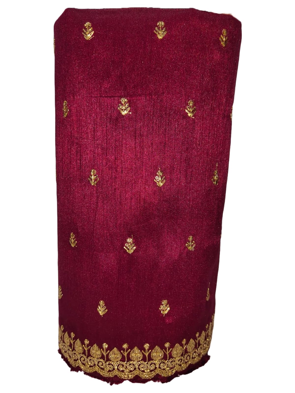 Raw Silk Maroon Blouse Material with Gold Embroidery Work, 1 Metre-image-26
