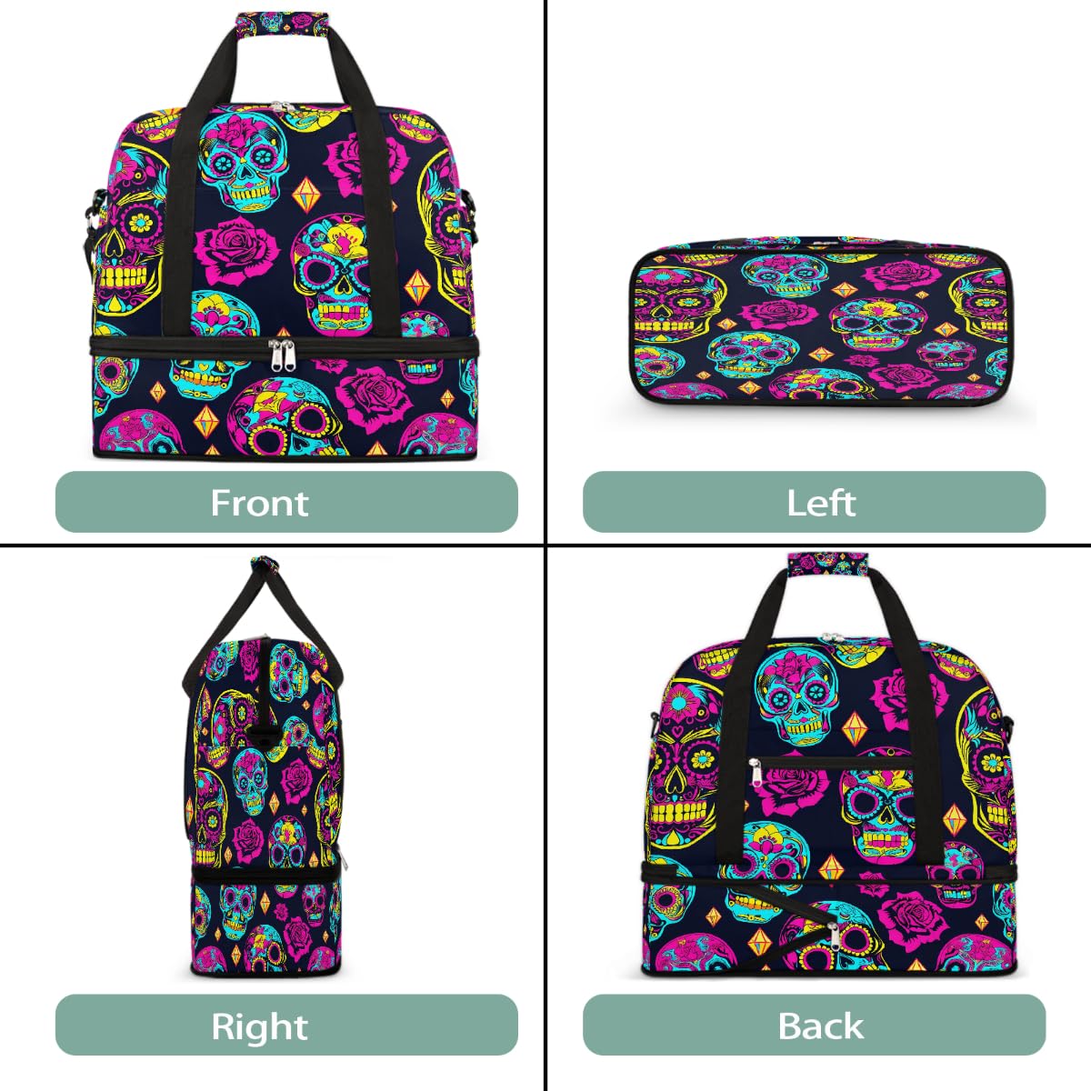 Borsone da viaggio pieghevole con motivo di teschi di zucchero, borsa da palestra espandibile con scomparto per scarpe, borsa da weekend di grande capacità, borsa da viaggio per sport, viaggi notturni