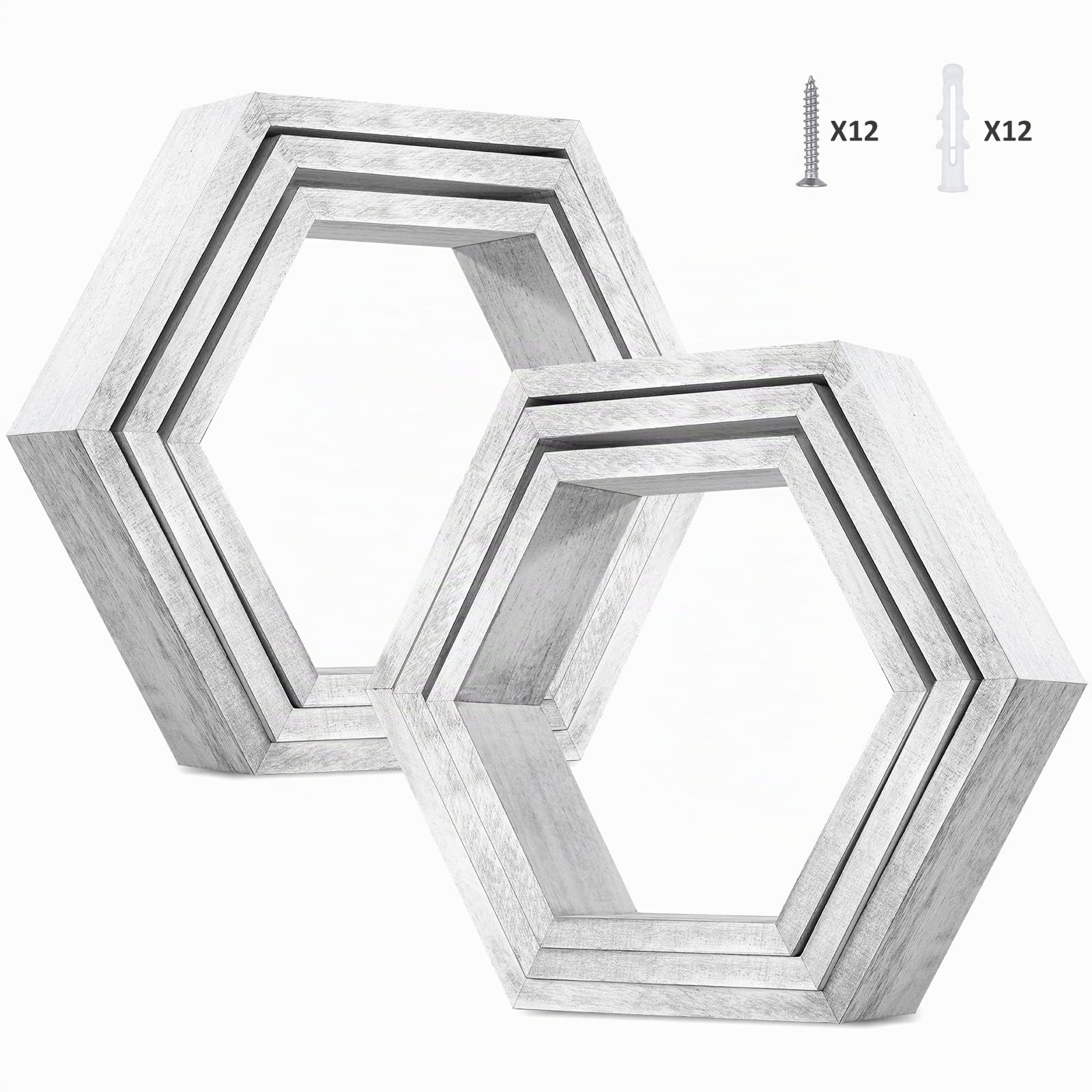YBING Set di 6 mensole galleggianti esagonali da parete, in legno, a nido d'ape, esagonali, decorazione da parete, per camera da letto, soggiorno, grigio-bianco