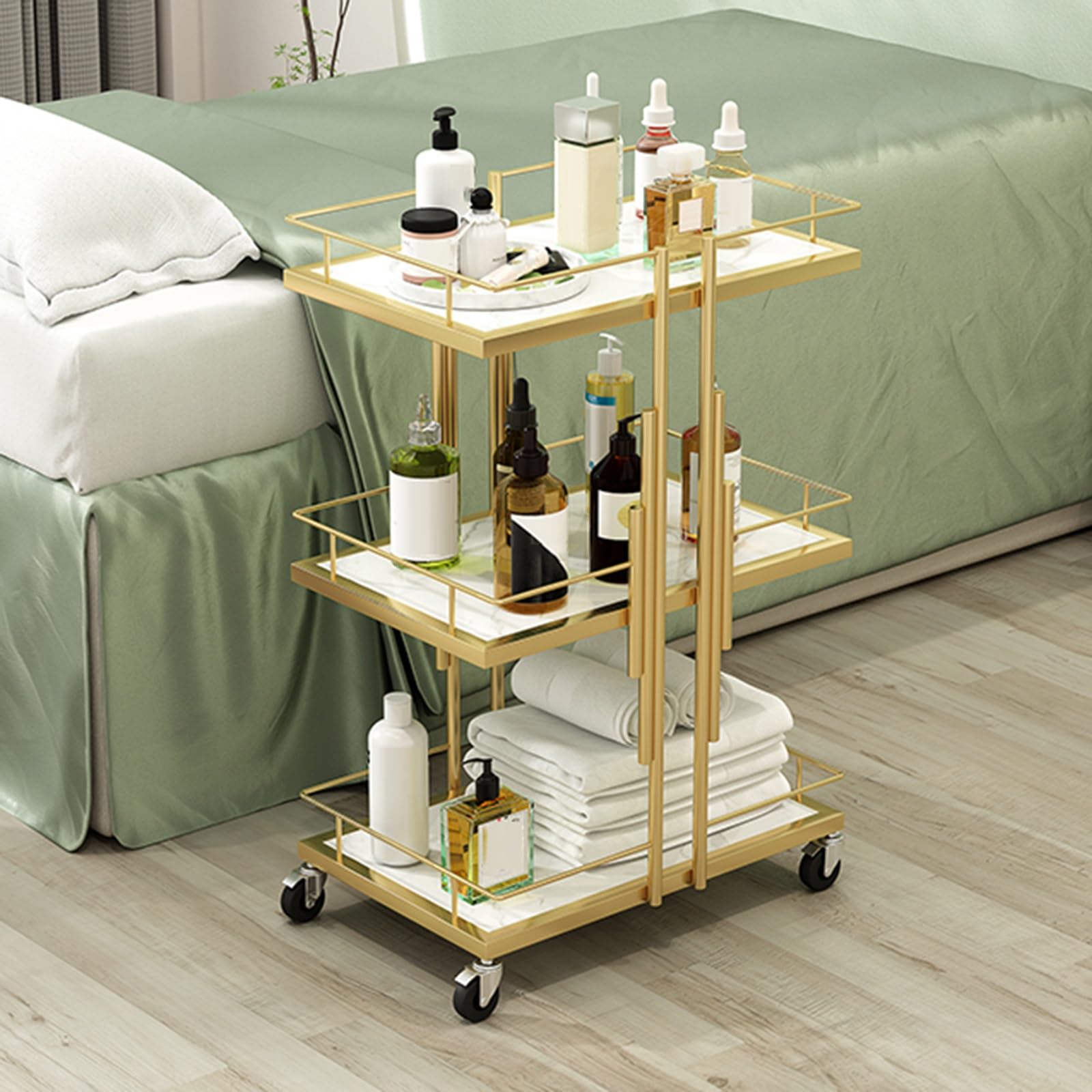Carrello portaoggetti a 3 livelli, grande capacità, con robusto telaio in metallo, facile mobilità, con ruote, elegante finitura dorata, per l'organizzazione domestica e l'ufficio