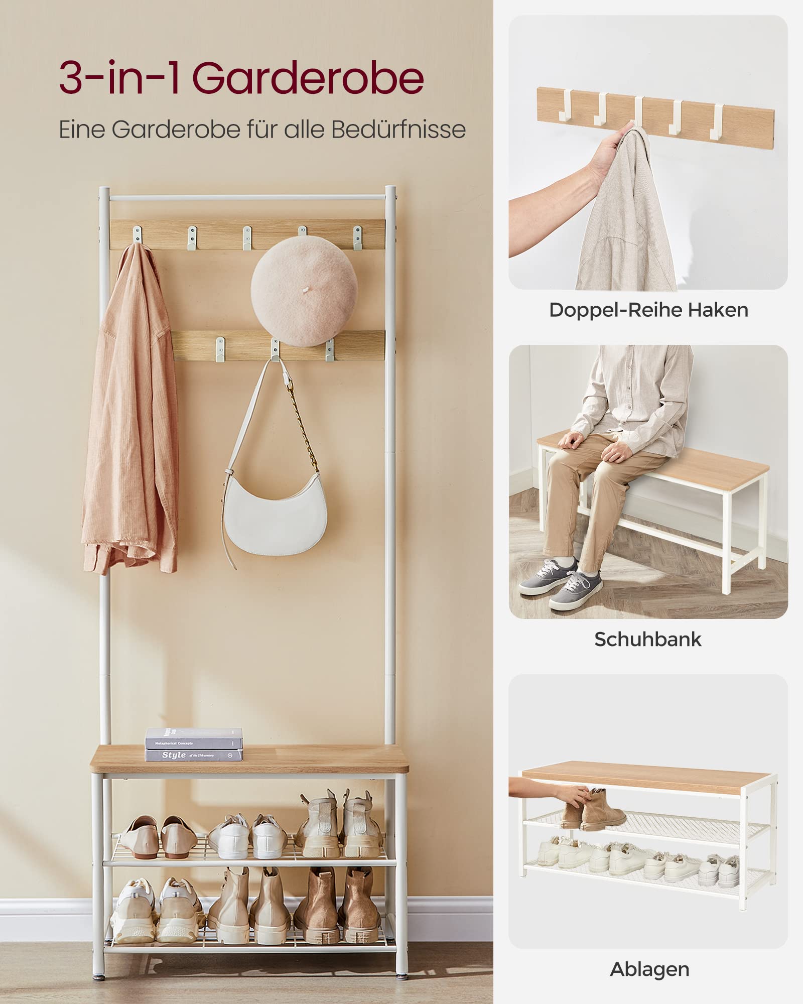 VASAGLE Garderobenständer, Kleiderständer mit Schuhablagen, Schuhregal mit Sitzfläche, für Flur, mit Haken, 3 Ablagen, aus Metall, Höhe 177 cm, modern, eichenfarben-weiß HSR041W09