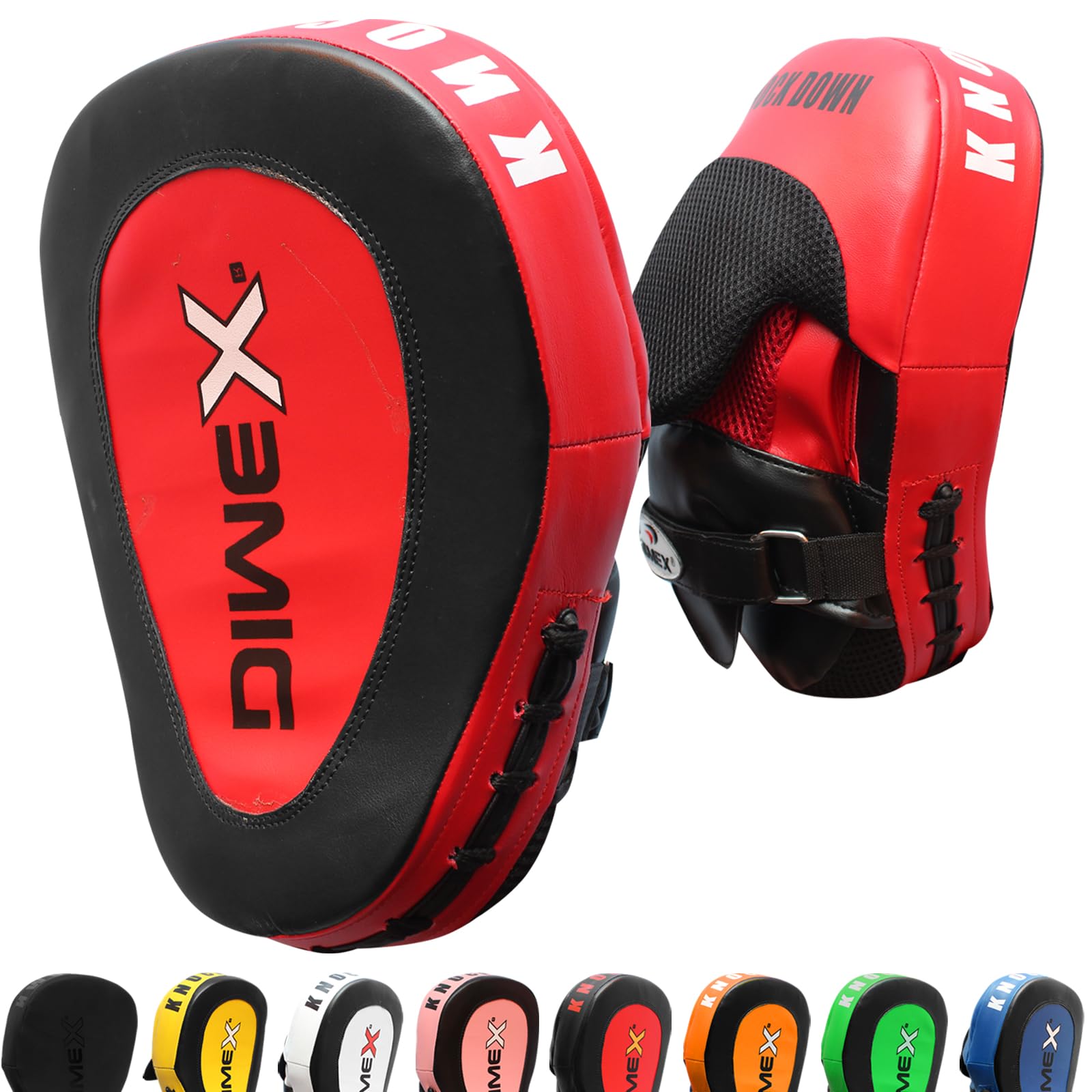 Dimex Boxing Focus Pads Hook and Jab Curved MMA Kick Training Gloves Rex Leather Pair with Shock Absorbing Padding (Red)